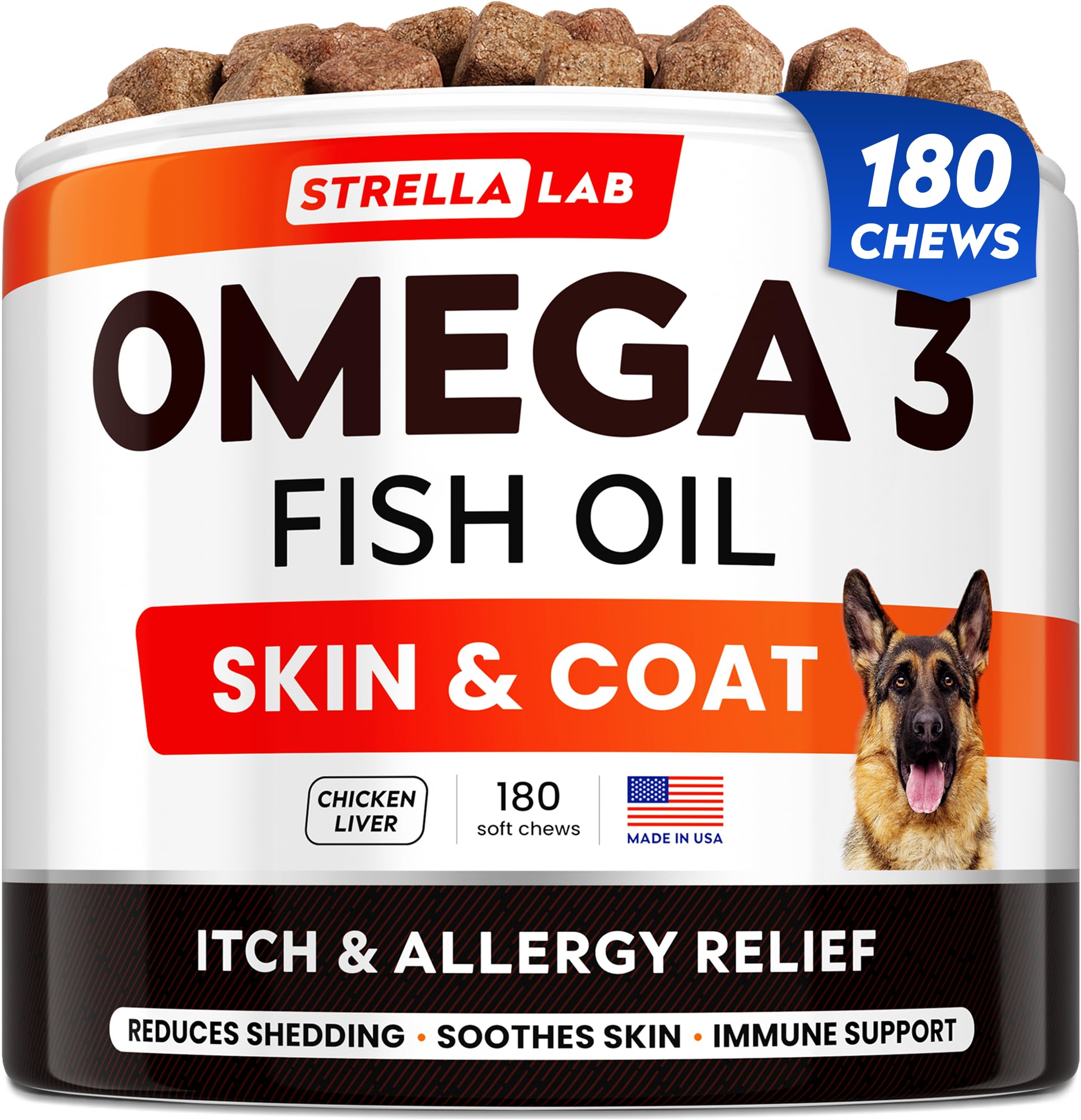 StrellaLab Fish Oil Omega 3 Treats for Dogs (180 Treats) - Allergy & Itch Relief - Skin & Coat Supplement - Joint Health - Wild 
