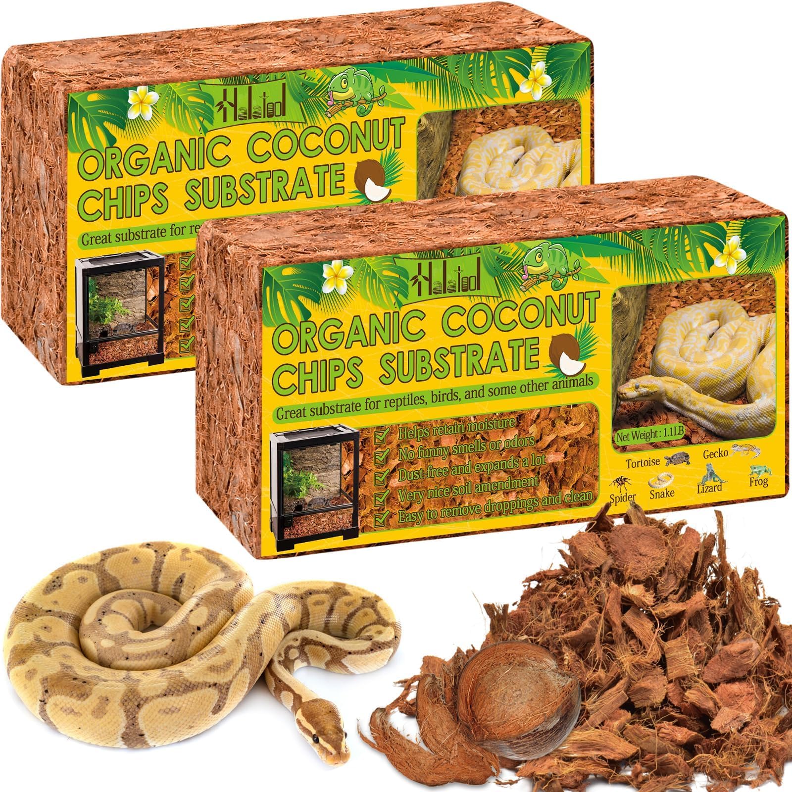 Halatool 2Pack Snake Bedding Natural Coconut Chips Substrate 2.2Lb Coconut Husk For Reptiles Tank Terrarium Substrate For Ball P