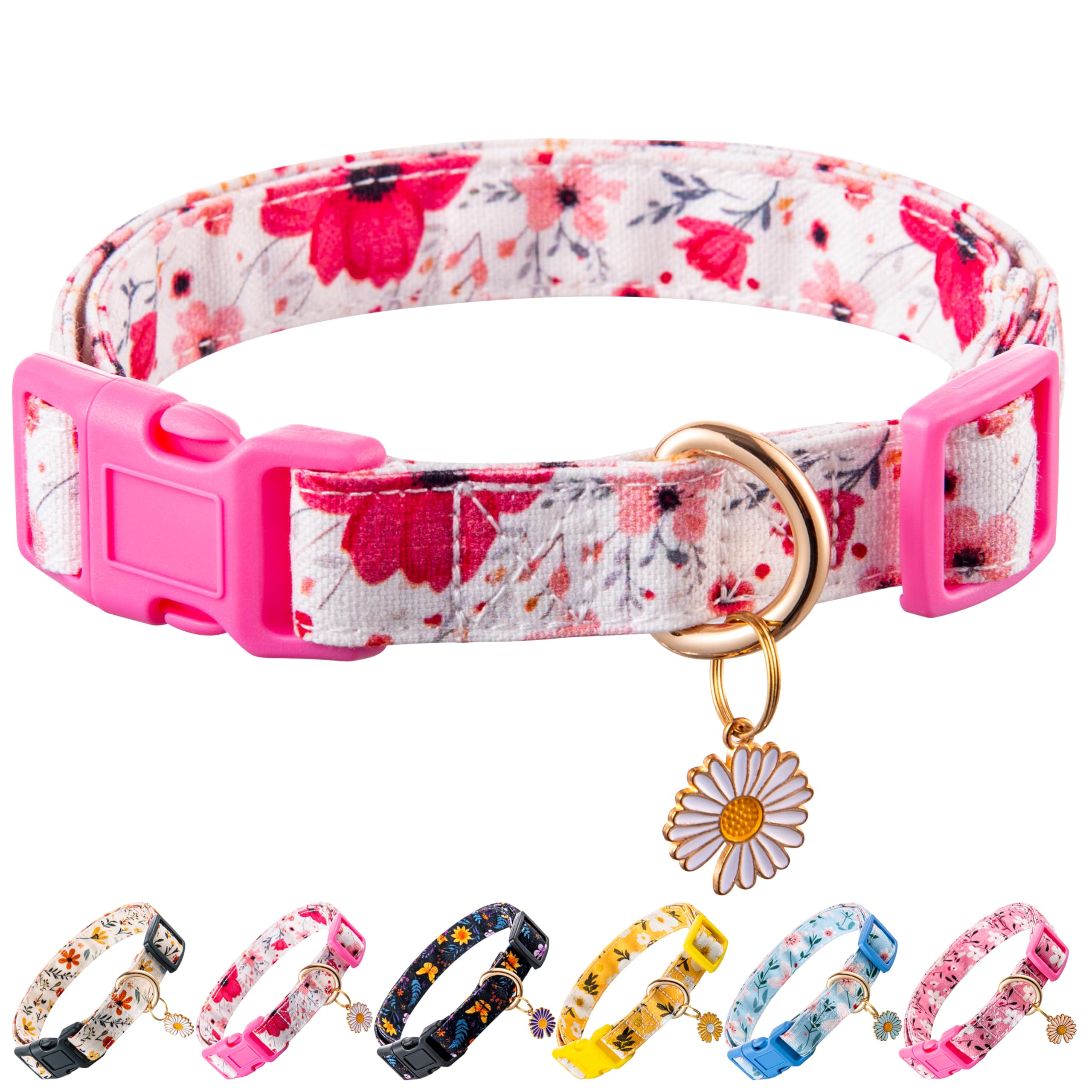 Raisingwell Cotton Dog Collar Light Pink Flower Pattern For Boys And Girls Cute Dog Collars Summer Fall Gift Adjustable For Medi
