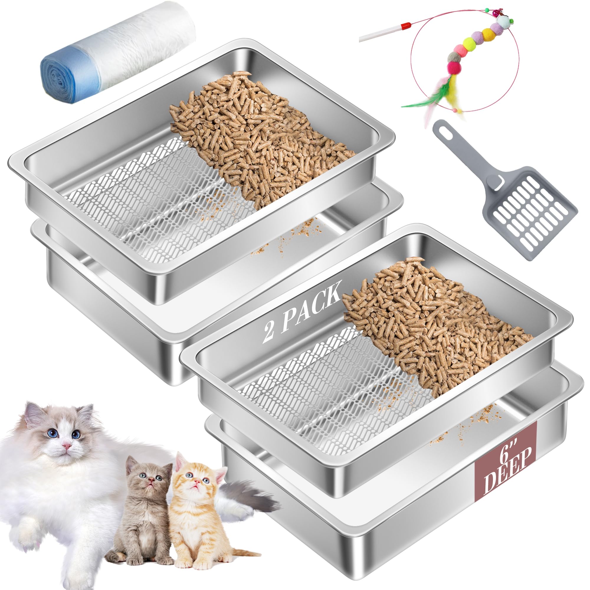 2 Pack Stainless Steel Sifting Cat Litter Box For Pine Pellets, Xl Extra Large Metal Cat Litter Box Sifter Pan With Litter Scoop