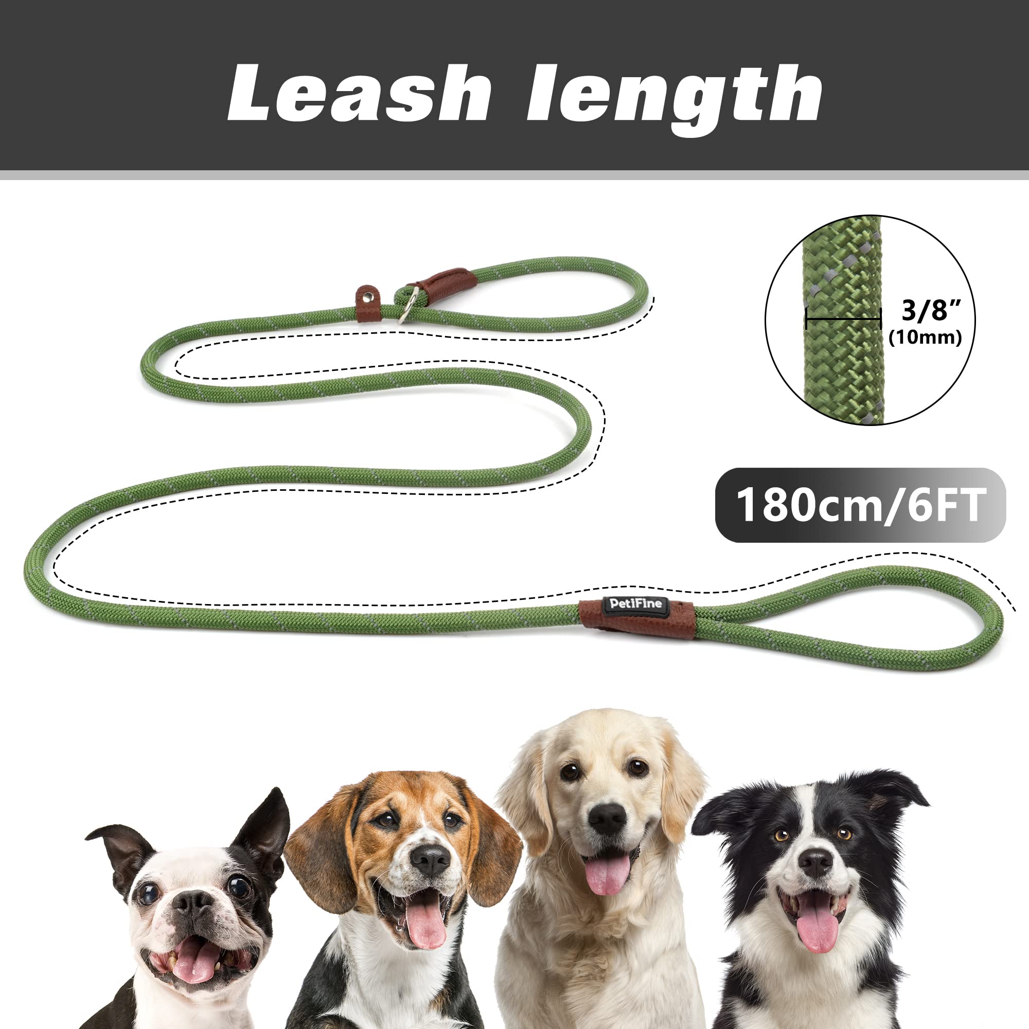 Petifine 6 Ft Slip Lead Dog Leash, Full Reflective Dog Training Leash, Heavy Duty Adjustable Pet Nylon Slip Rope Lead For Small Medium Large Dogs (3/8' -6 Ft, Green)