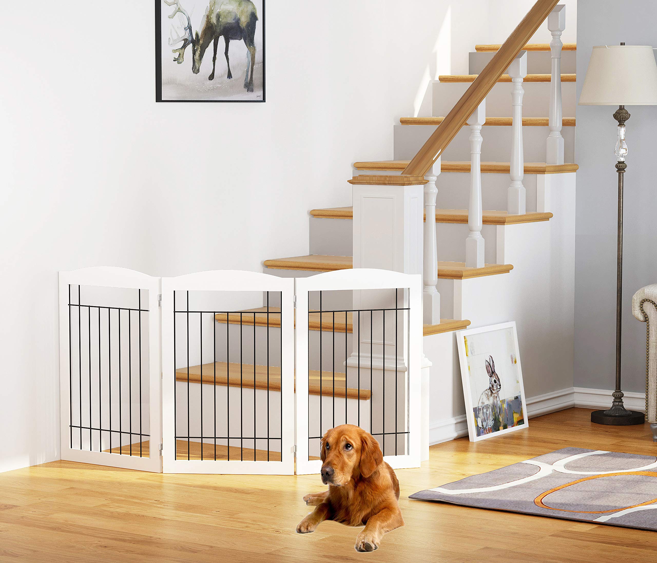 Spirich Freestanding Wire Pet Gate For Dogs, 60 Inches Extra Wide, 30 Inches Tall Dog Gate For The Houes, Doorway, Stairs, Pet Puppy Safety Fence, White- 3 Panels(No Include Support Feet)
