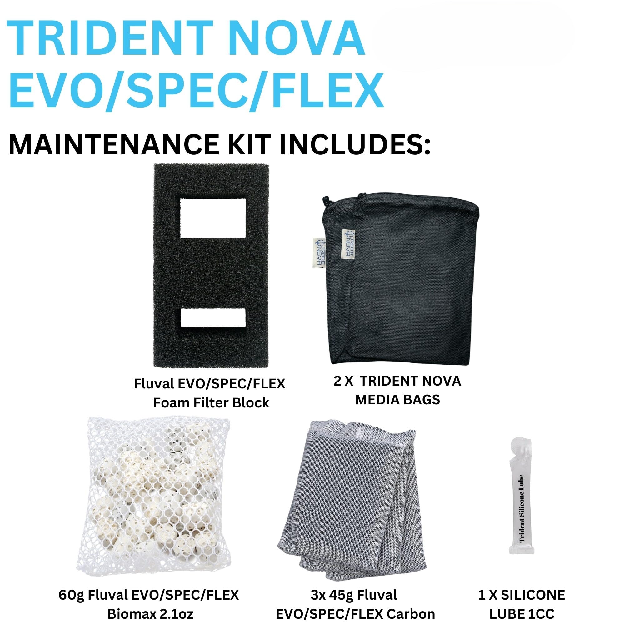 Trident Nova Spec (3 Gal,5 Gal) | Evo(5 Gal) | Flex (9 Gal) Maintenance & Replacement Filter Media Kit, Including Trident Mesh B