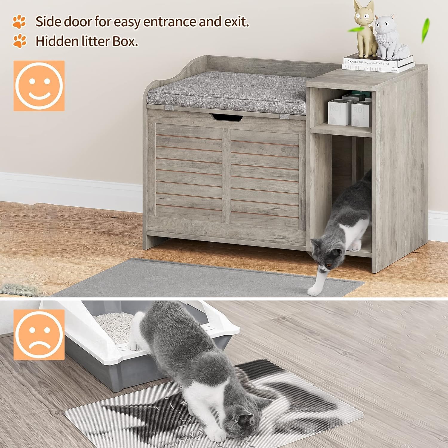 GAOMON Cat Litter Box Enclosure, Large Hidden Litter Box Furniture with Top Opening, Cushion, Storage Shelf, Litter Mat, Wooden