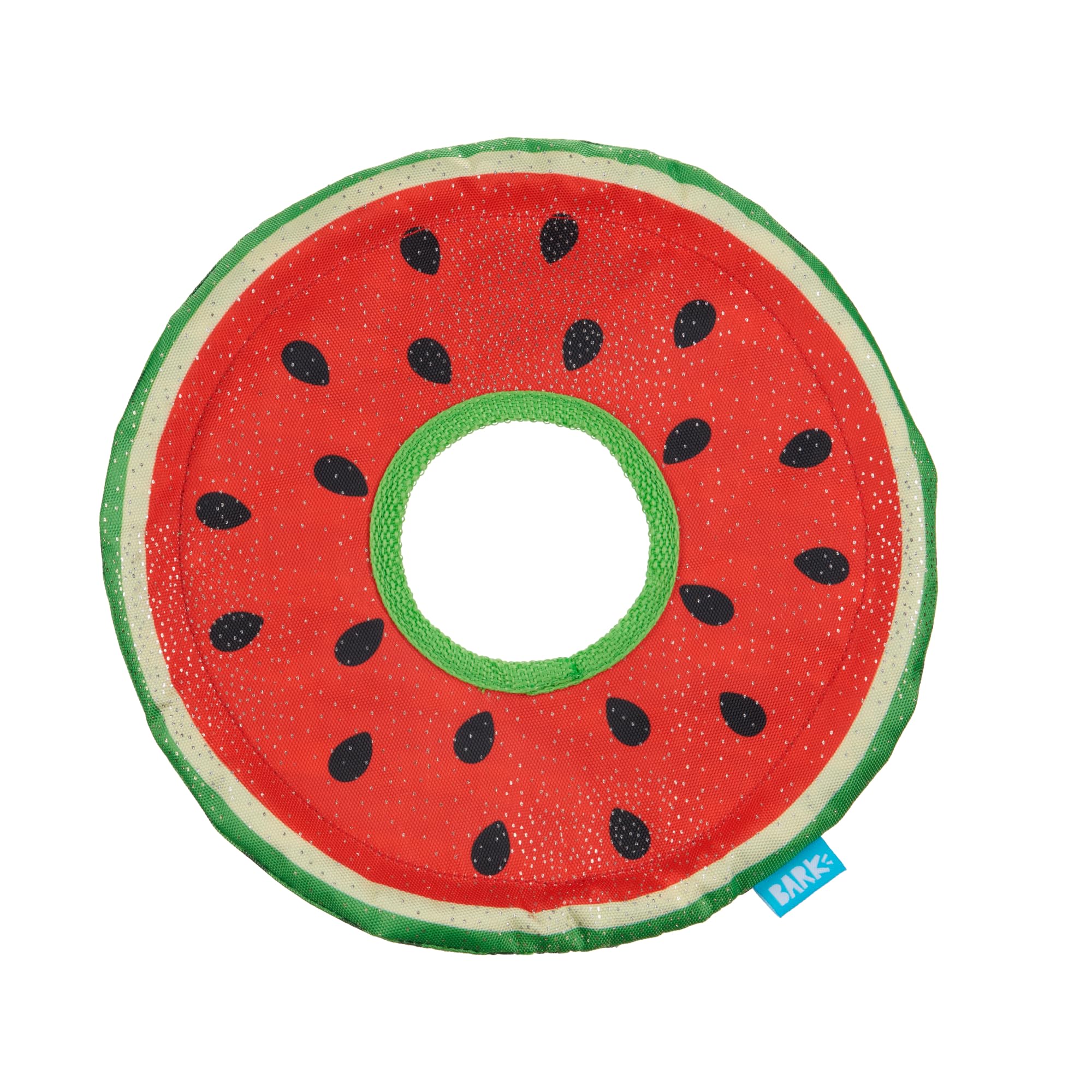 Barkbox Slobbermelon Fetch Flying Disc Dog Toy | Fluff-Free Crinkle Disc with T-Shirt Rope Edge | Durable Fetch & Tug Toy for Do