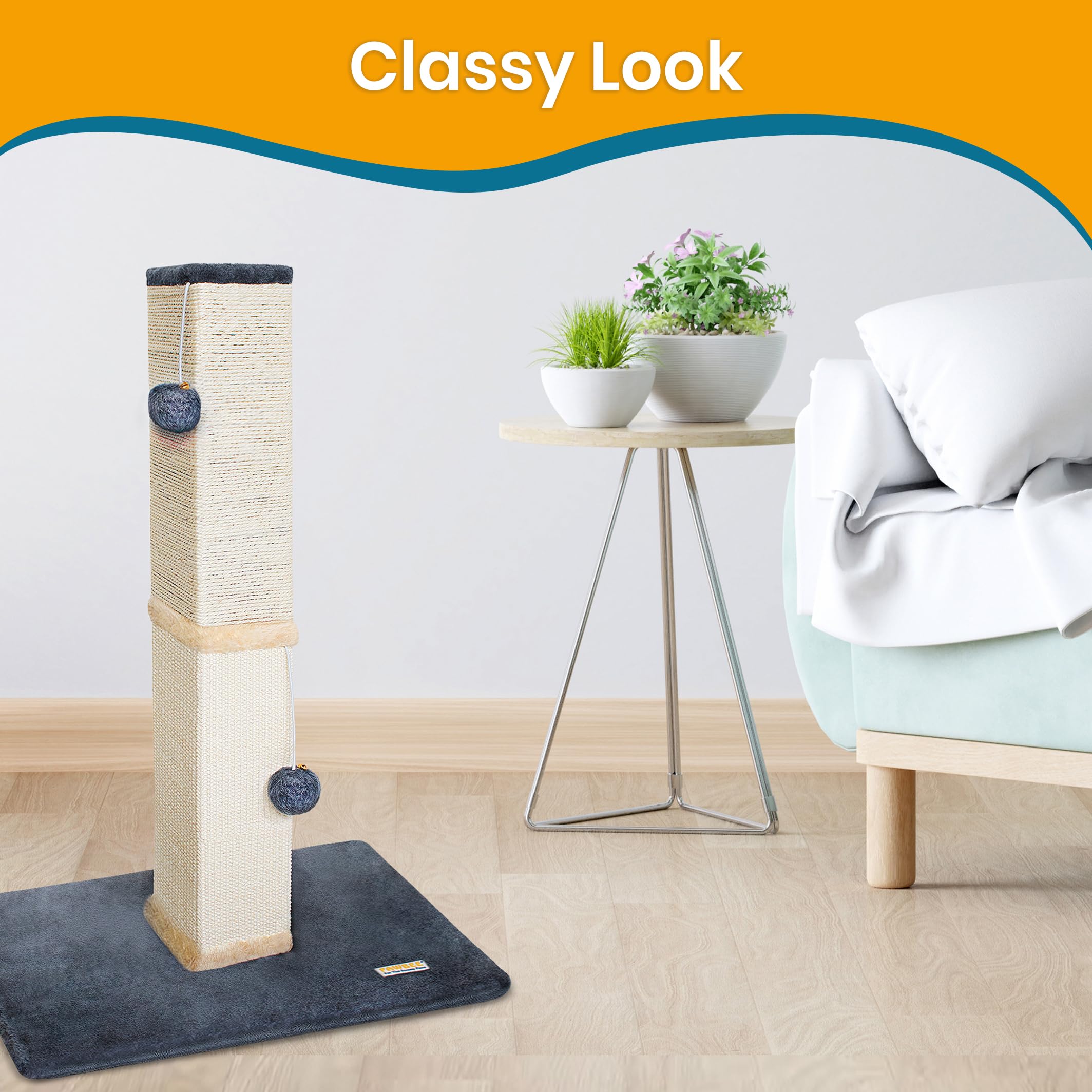 Pawbee Cat Scratch Post Tower - 32” Tall Cat Scratching Post With Jingle Bells And Plush Balls - Sisal Cat Scratcher With Larger Base For Better Stability - Cat Scratching Posts For Indoor Cats