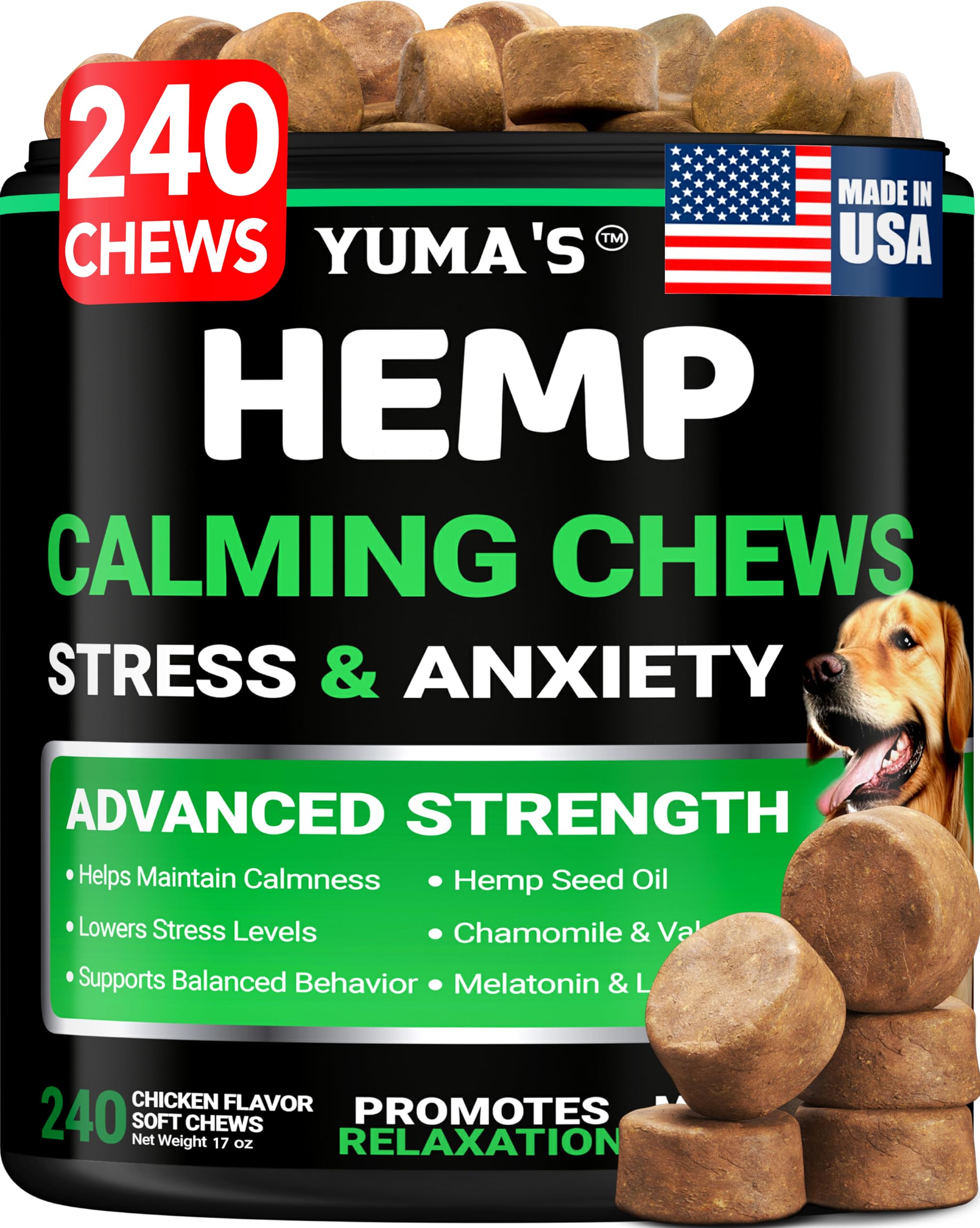 Hemp Calming Chews for Dogs - 240 Treats - Advanced Dog Calming Chews - Anxiety Relief Supplement Treats with Melatonin - Sleep 