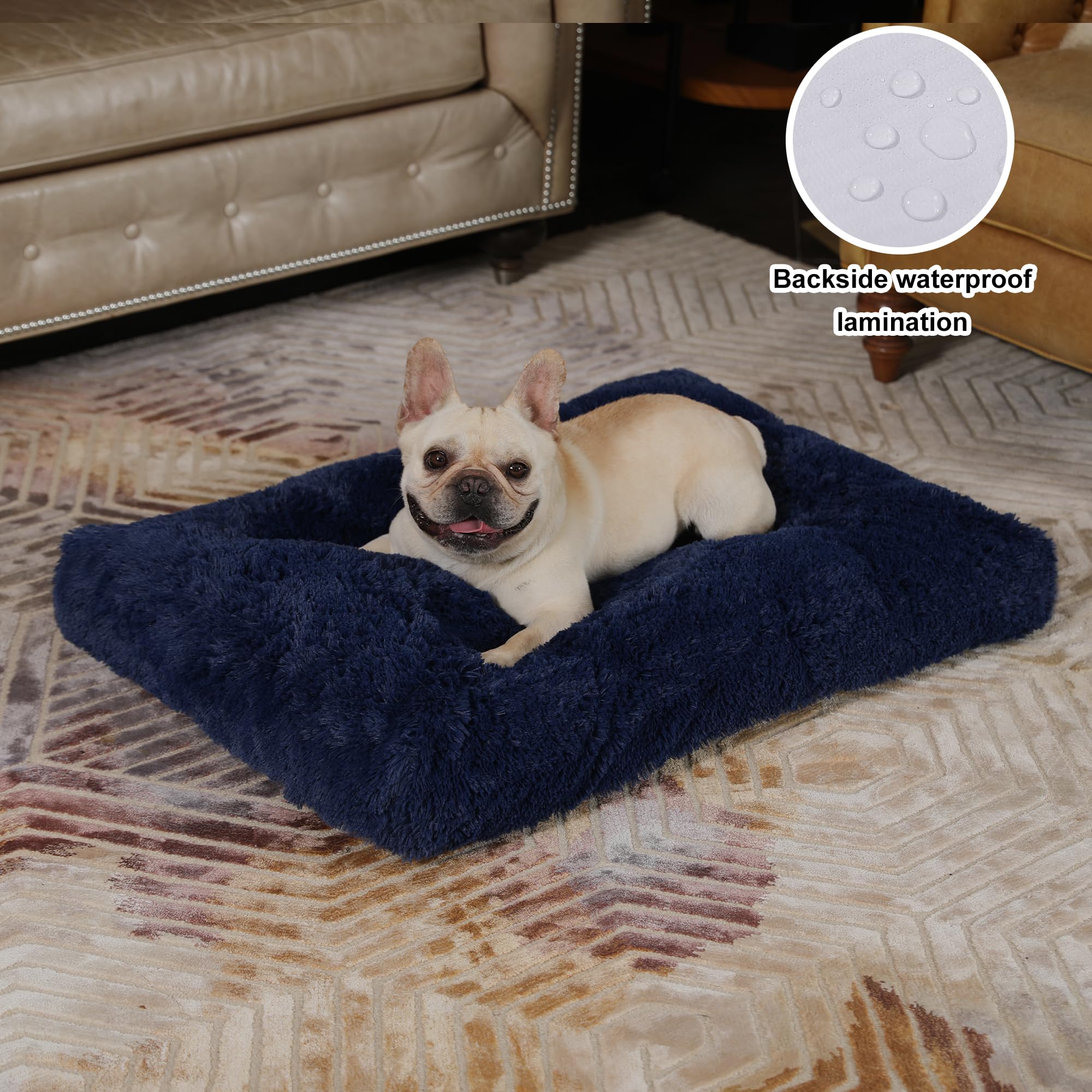 Bedfolks Plush Dog Crate Pad, Washable Dog Kennel Bed 29''X21'', Solid Dark Blue