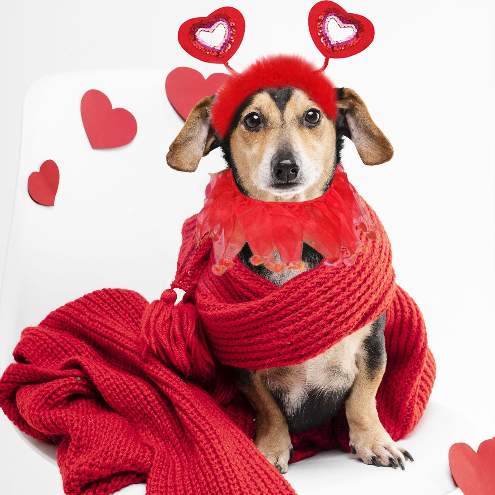 Dog Day Outfit, Red Glitter Heart Dog Headband And Tutu Collar Costume Set, Valentines Party Accessories For Small Medium Large