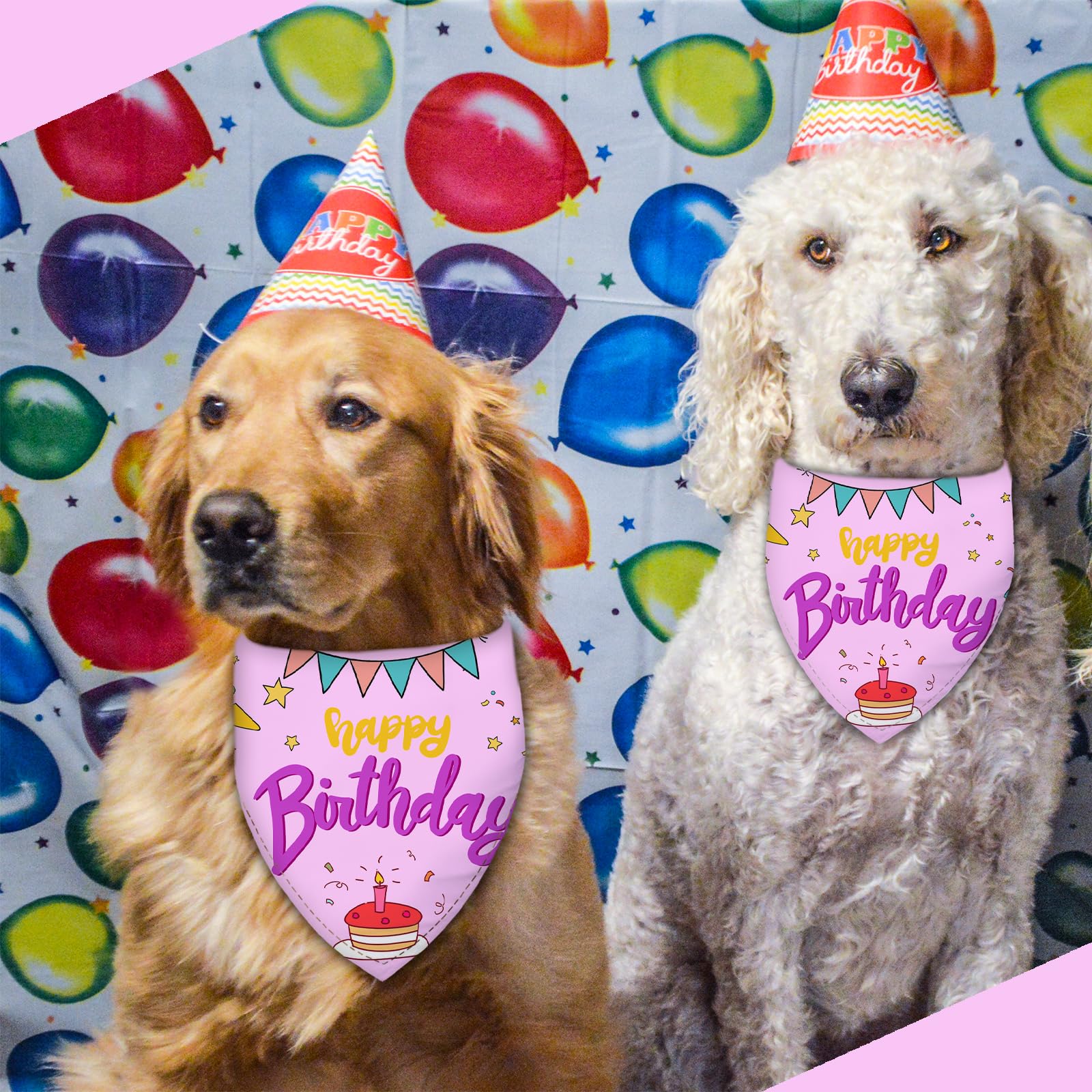 Liboom - Happy Birthday Dog Bandana Washable Pets Scarf Triangle Adjustable Handkerchief, Double Sided Printing, Pink, Cake Ball