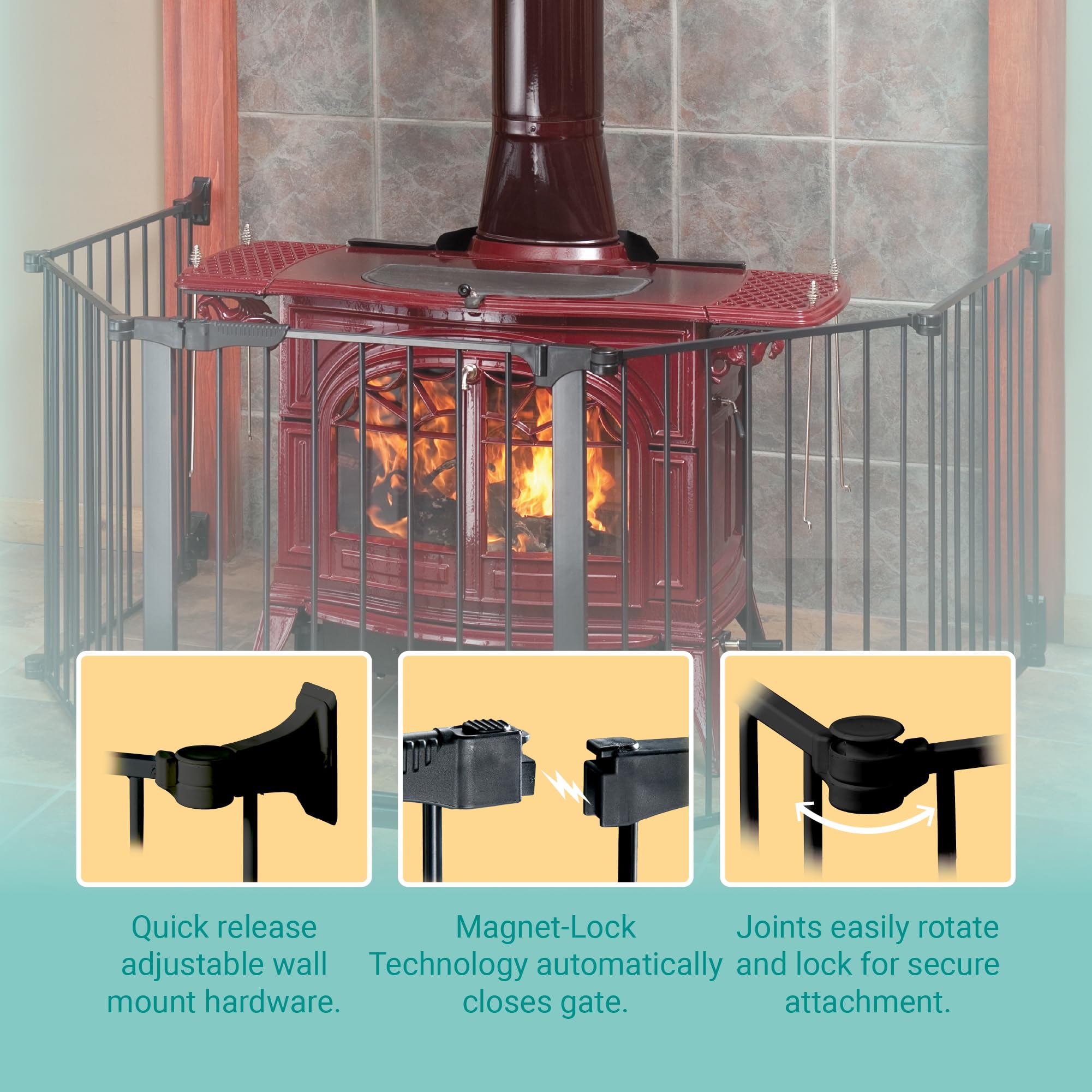 KidCo Custom Fit Auto Closing HearthGate - Black Metal Baby Fireplace Gate, Model G3111, Safety Enclosure for Kids and Pets