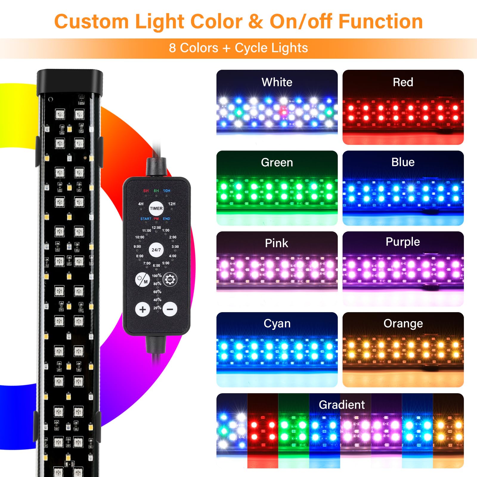 hygger Submersible LED Aquarium Light, 17W 19in 24/7 Mode Fish Tank Light with 5 Rows Beads, with Timer 9 Colors and Adjustable