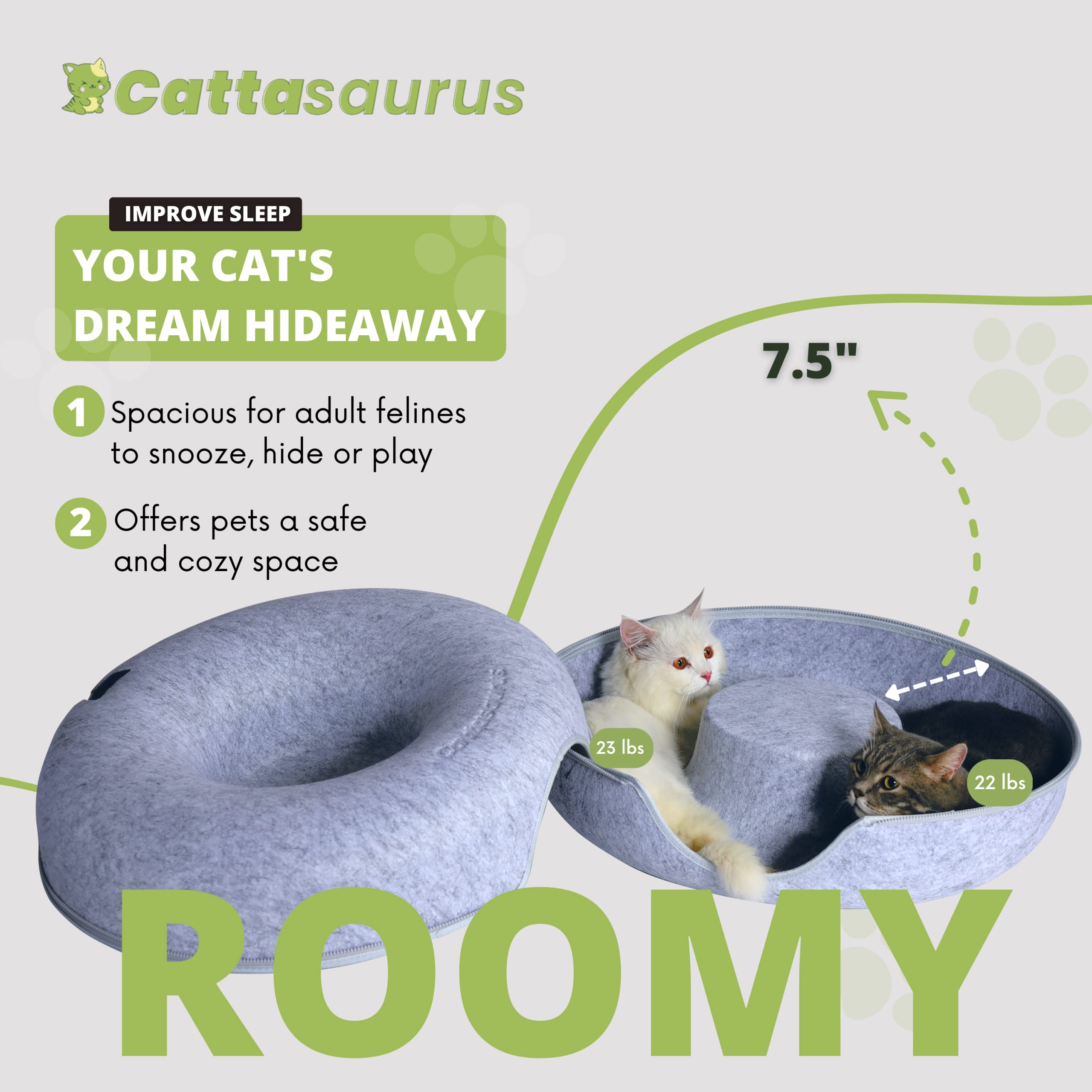 Cattasaurus Peekaboo Cat Cave For Multiple & Large Cats Up To 30-45 Lbs, Scratch Detachable & Washable Tunnel Bed, Comfy Donut Cat Cave (Light Gray, Large)