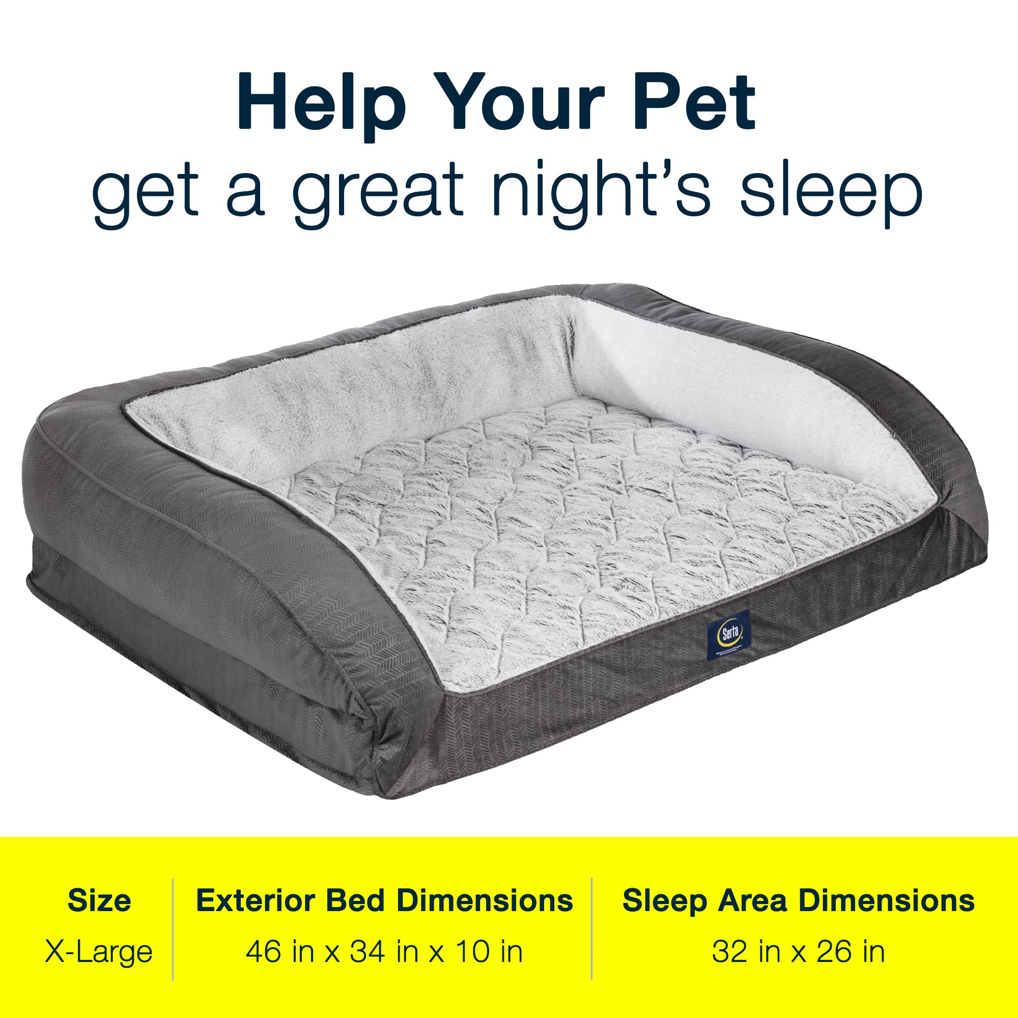 Serta Orthopedic Foam Dog Bed with Soft Bolsters, X-Large, Slate Gray, 46" x 34" x 9.5", Model FCCH020-XLSLA1