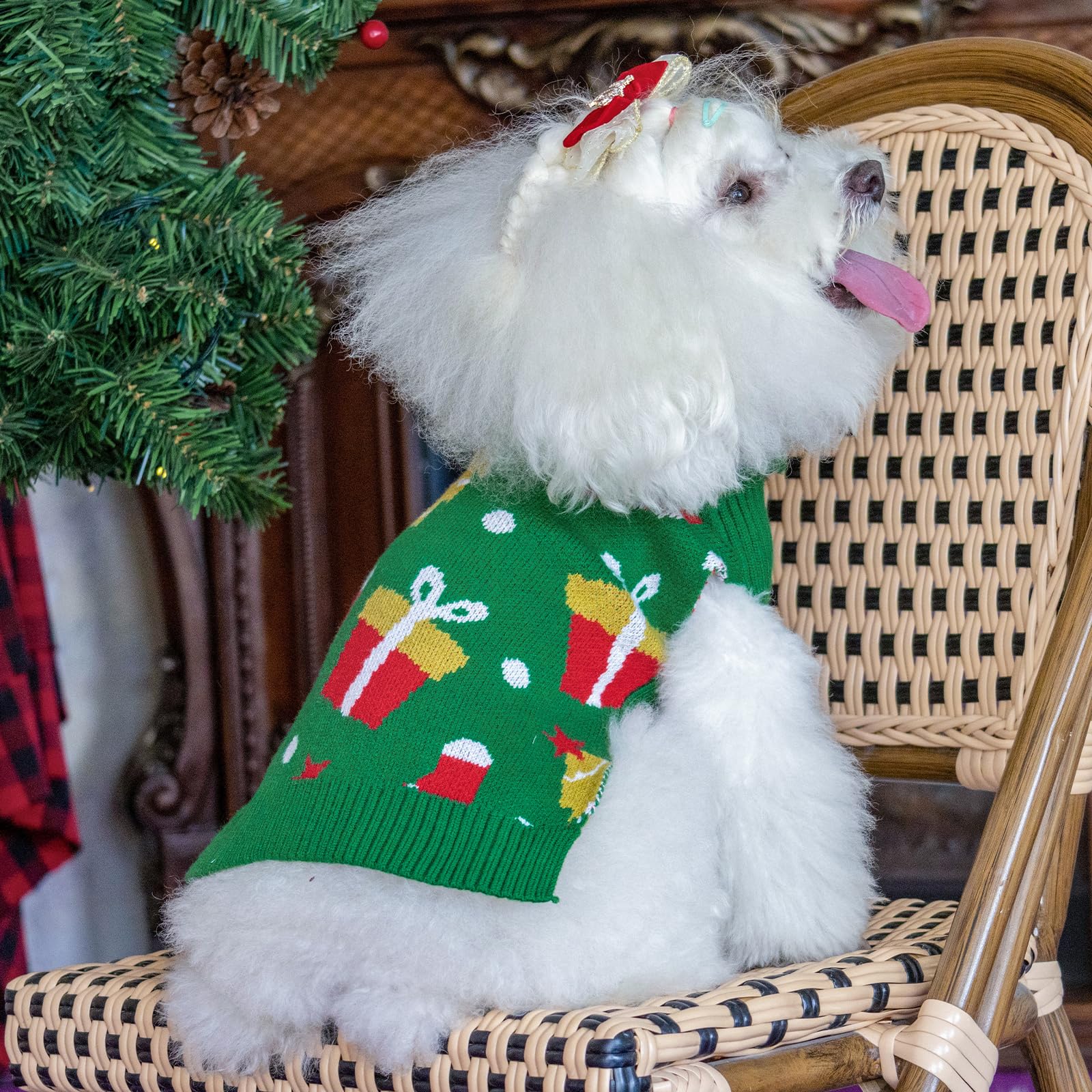 Cutebone Christmas Green Dog Sweater For Small Medium Dogs Tree Knit Puppy Sweater Turtleneck Pet Winter Clothes Cat Apparel Wit