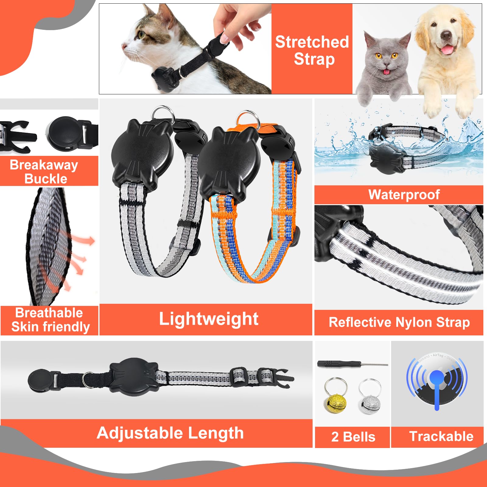 Domiphie Airtag Cat Collar - Integrated Cat Collar With Bells & Airtag Holder, Lightweight Reflective Cat Tracker Collar, Breaka