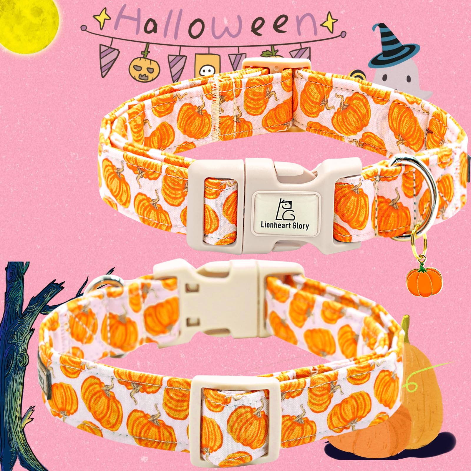 Lionheart Glory Halloween Dog Collars Pumpkin Pink Dog Collars Heavy Duty Adjustable Fall Collar For Small Collar Dogs Female Or