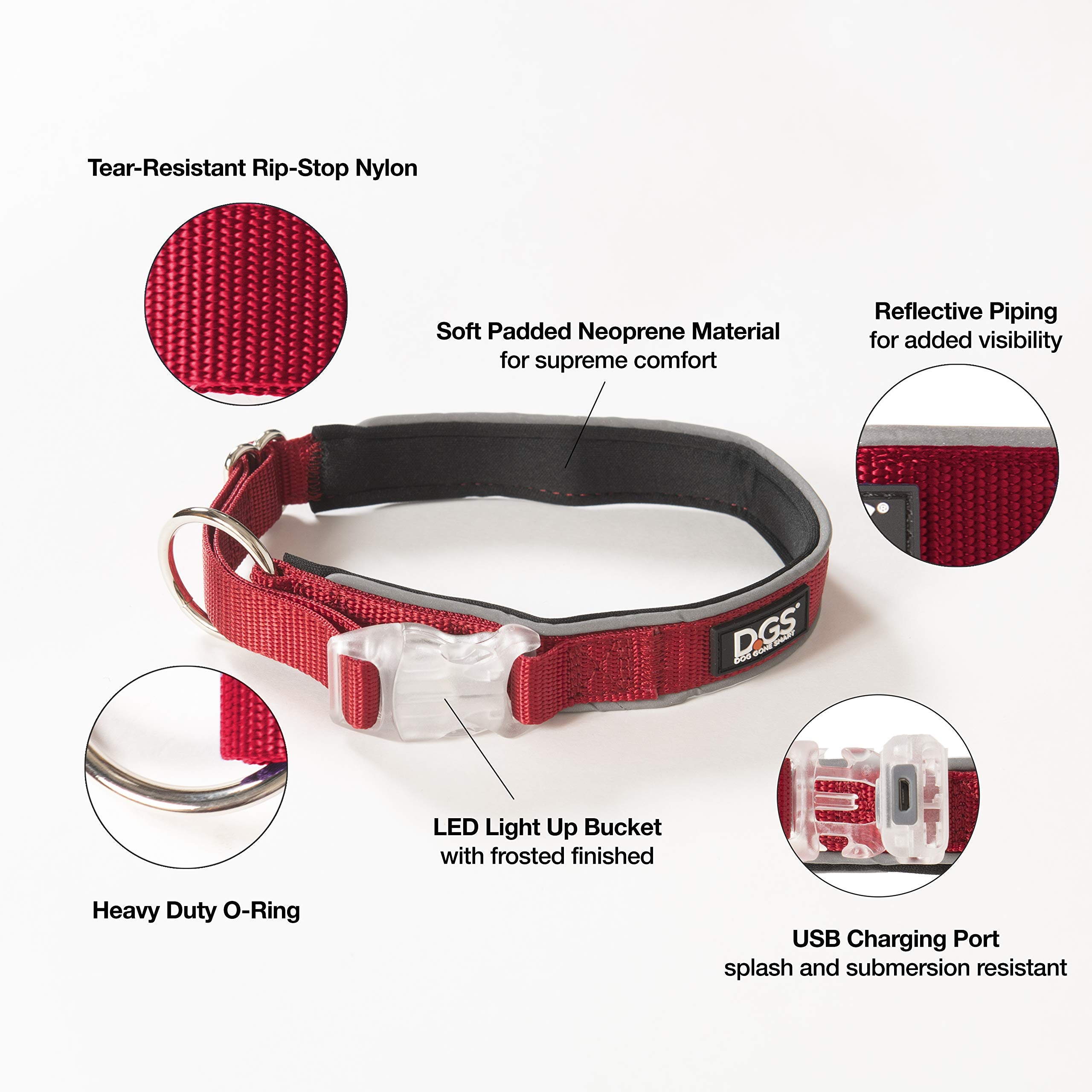 Dog Gone Smart Pet Products Super Bright Led All Day & Night Wear Safety Comet Collar Dogs, Adjustable Breathable Strong Nylon,