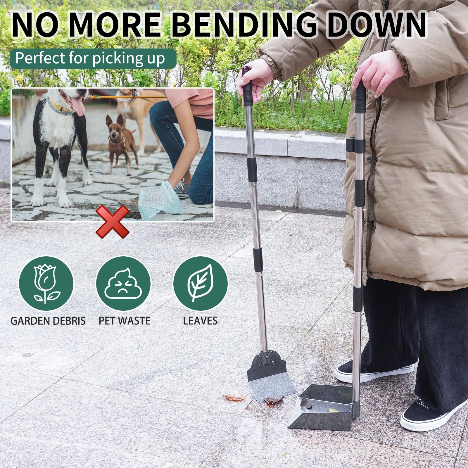 Scenereal Dog Pooper Scooper For Yard - Tray & Spade Set, Metal Poop Scooper For Large Medium Small Dogs, Pet Waste Removal Scoop With No Bending Detachable Handle For Outdoor Grass, Dirt Or Gravel