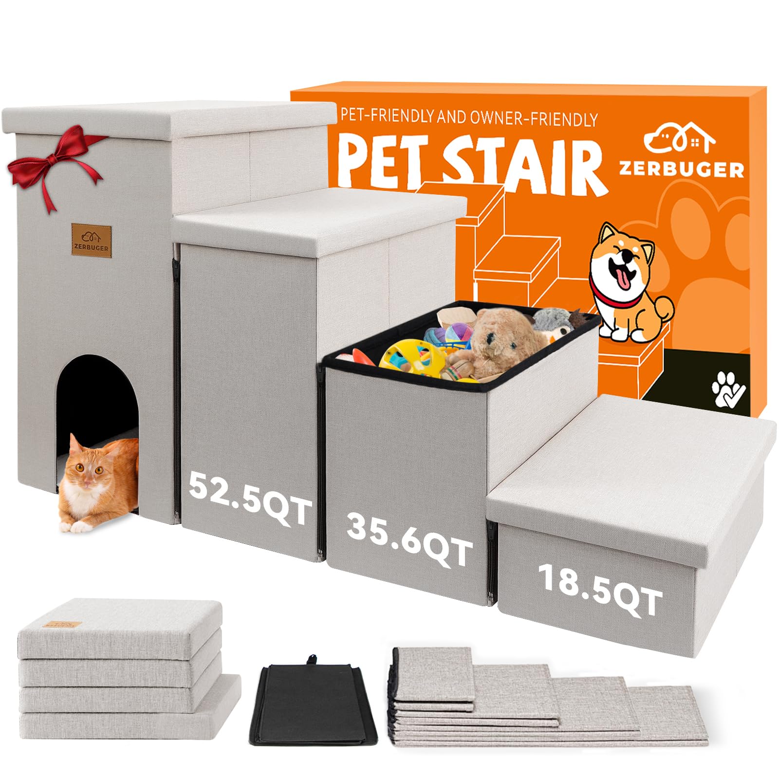 Zerbuger Dog Stairs with Condo 23  H, 4-Step Wider Folding Storage Pet Stairs Gift for Small/Medium/Large Old Dogs Cats, Dog Ste