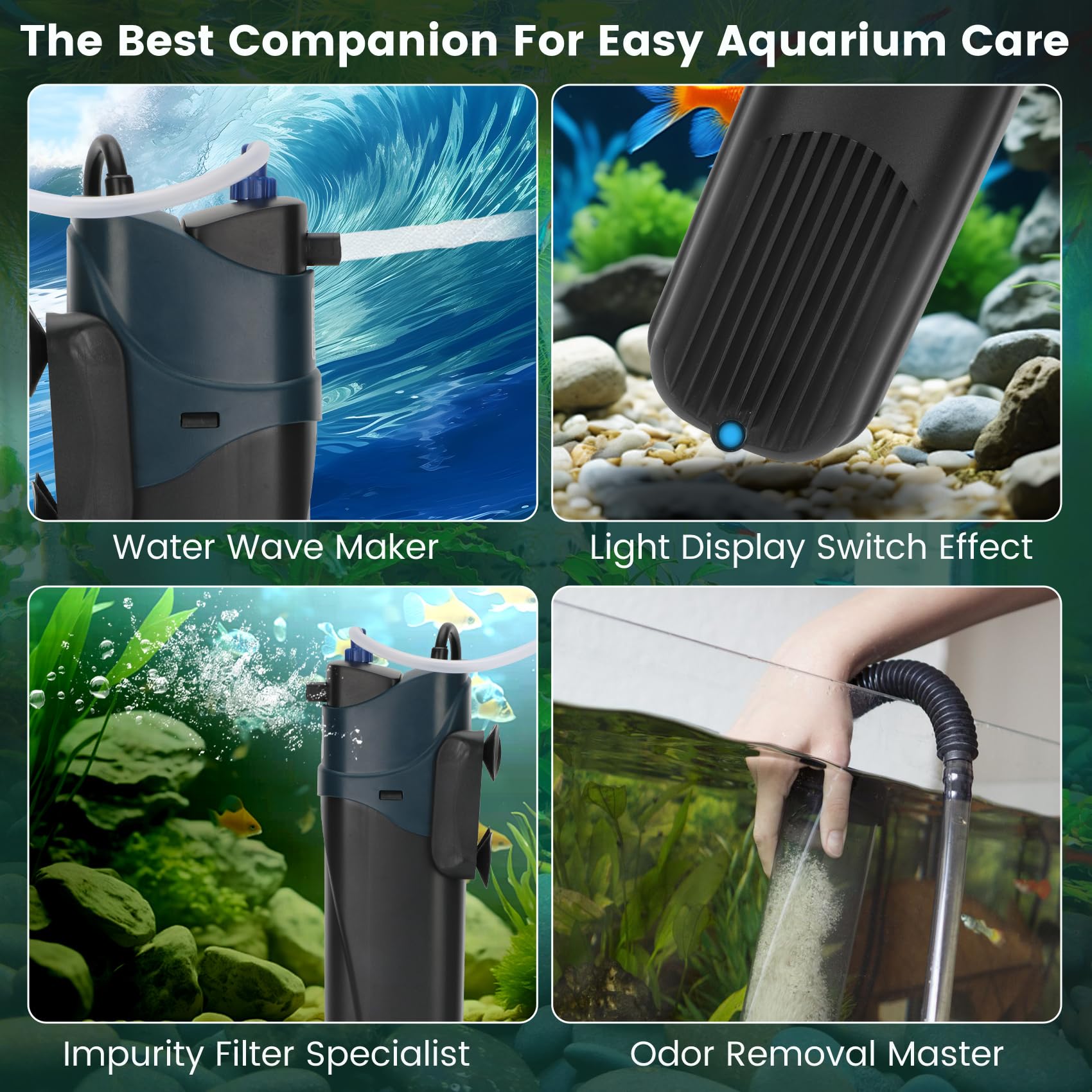 Aquarium Filter U-V for 20-45 Gallon, 200GPH Fish Filter with 5W U-V Double Light Green Water and Algae Submersible Powerful Cle