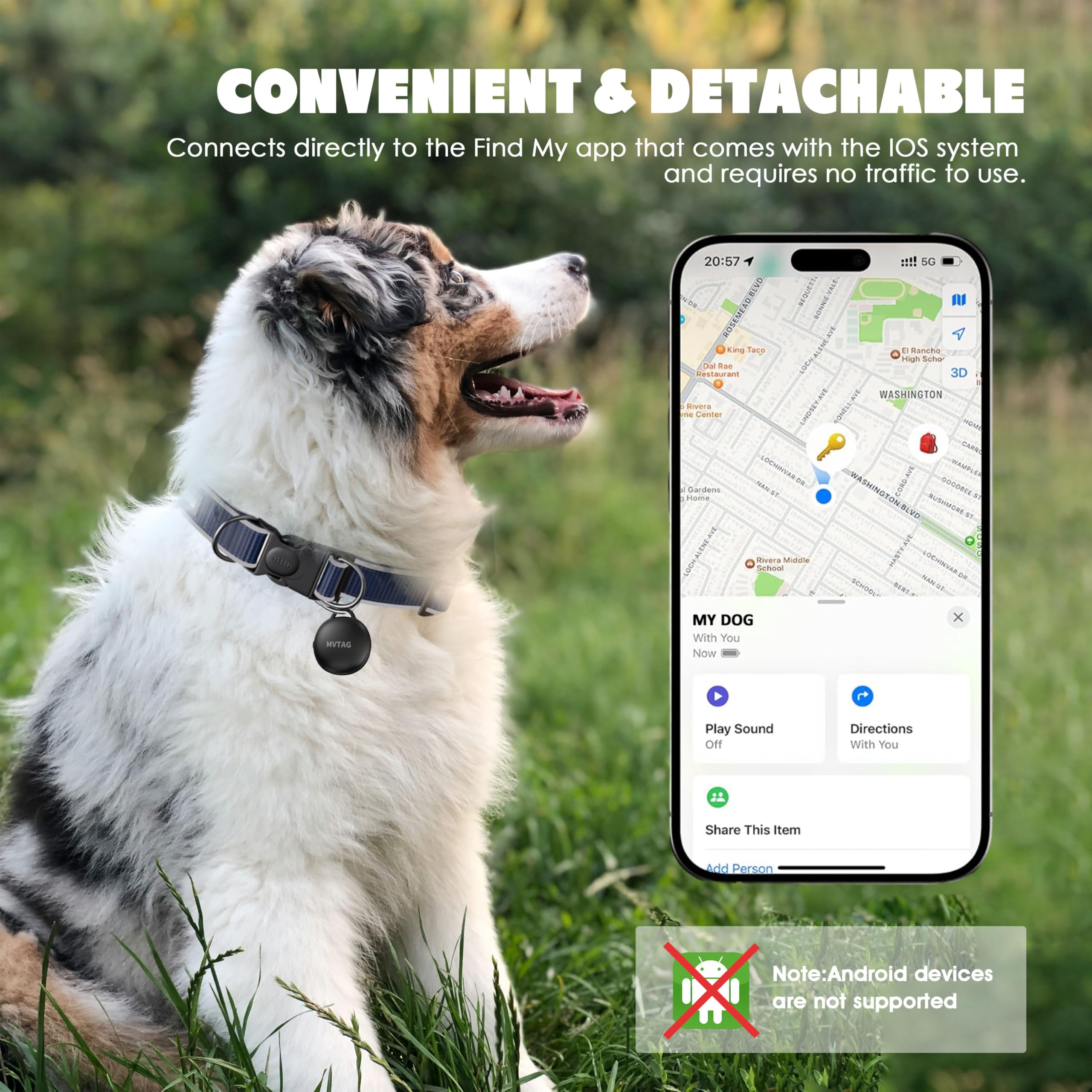 Aoikoy Dog Tracker GPS Collar No Monthly Fee, Real-Time Mini Pet Tracker for Small Medium Large Dogs, Reflective Waterproof Dog