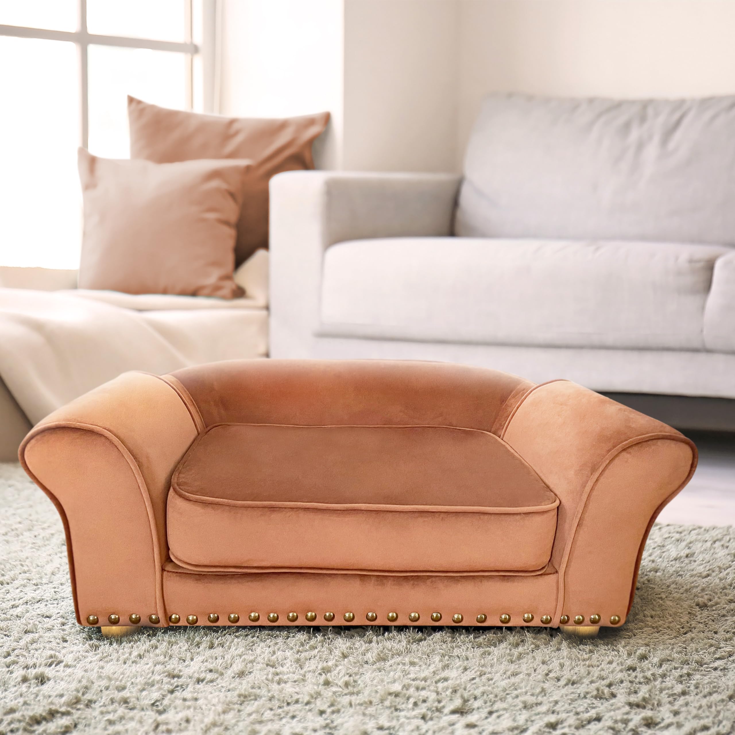 Critter Sitters 34-in. Faux Velvet Sofa in Brown for Medium-Sized Dogs and Cats, Durable and Stylish Dog Bed for Bedroom and Liv
