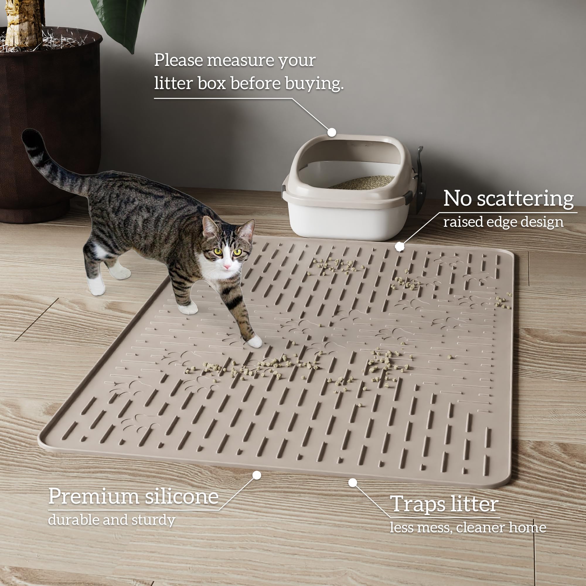 OHMO Cat Litter Mat Large Trapping Mat Premium Silicone Rubber 31.5x23.6 Beige,Waterproof and BPA Free Kitty Litter Box Mat, Eas
