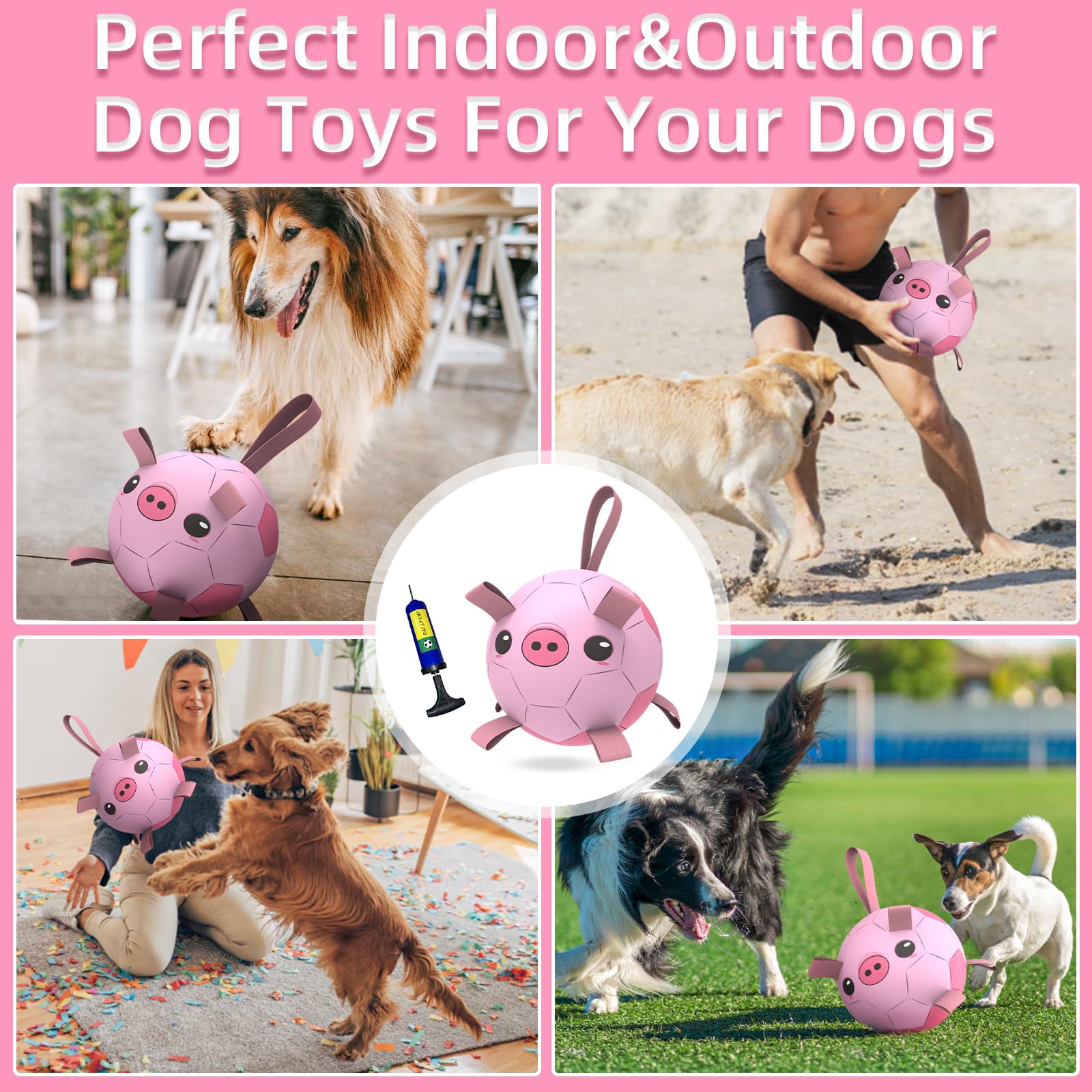 Qdan Dog Toys Soccer Ball With Straps, Interactive Toy For Tug Of War & Fetch, Puppy Birthday Gift, Medium & Large Dog - Pink Pi