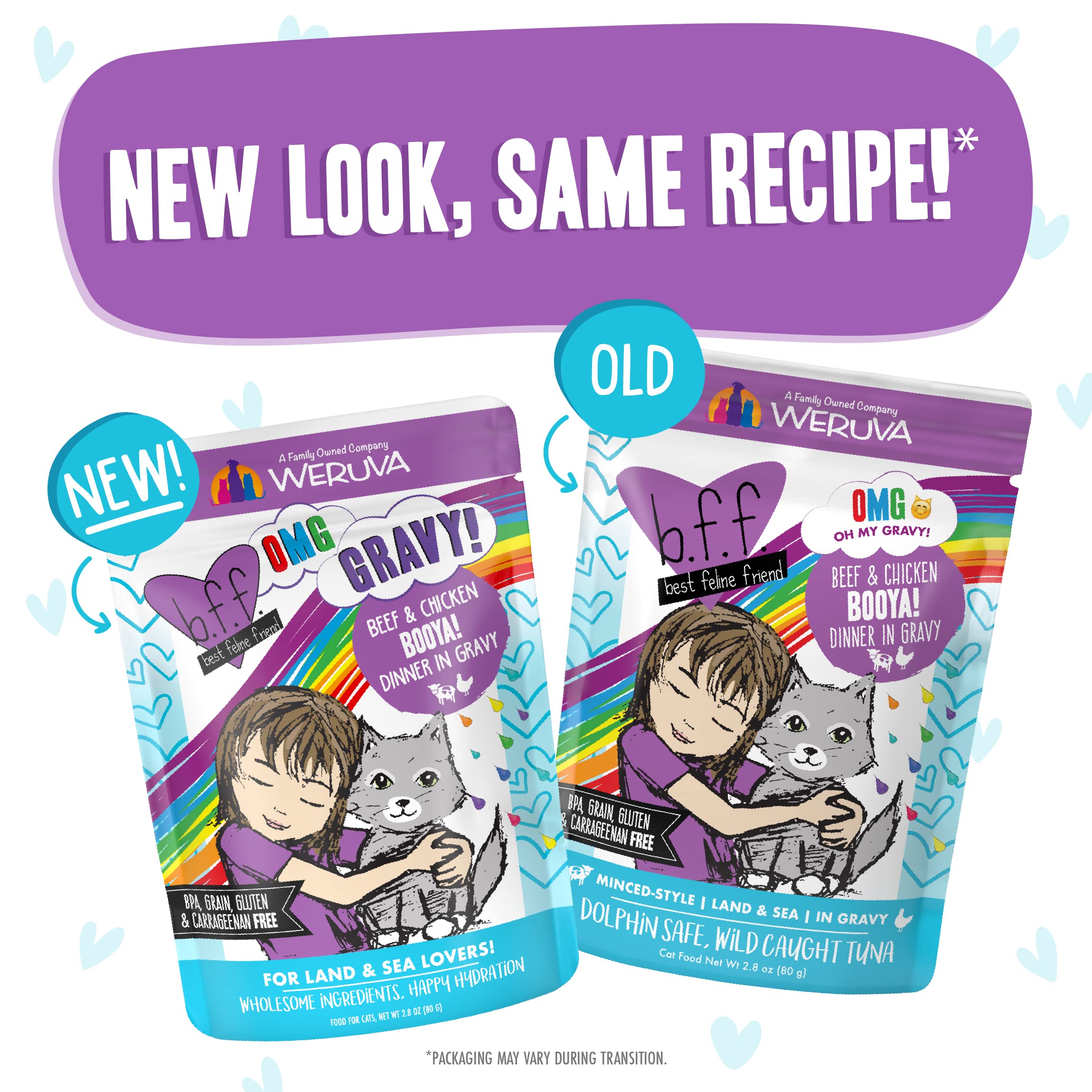 Weruva B.F.F. OMG - Best Feline Friend Oh My Gravy!, Booya! Beef & Chicken in Gravy Cat Food, 2.8oz Pouch (Pack of 12)