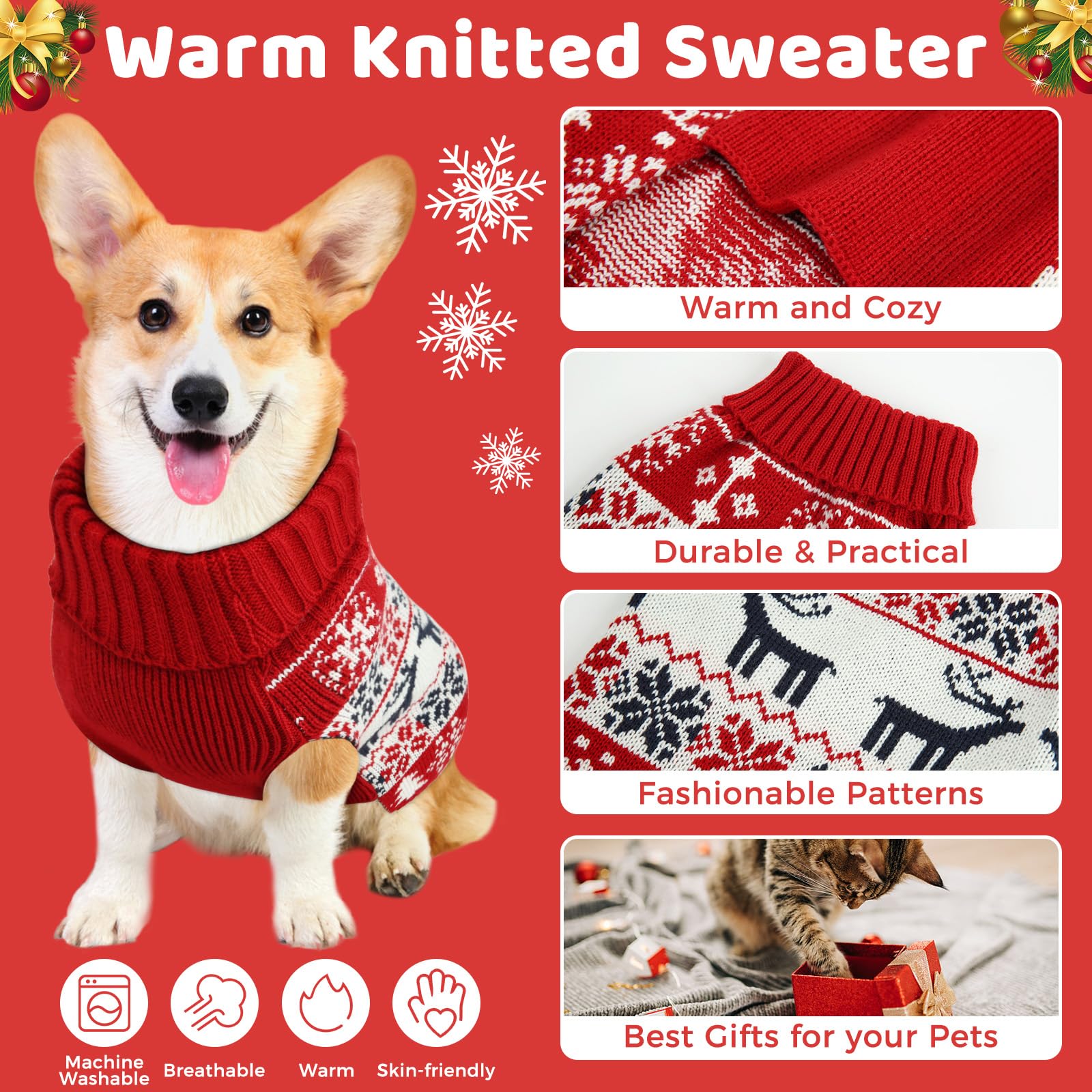 Christmas Dog Sweaters For Small Large Dogs Girl, Soft Warm Pup Dogs Shirt, Turtleneck Dog Sweaters For Medium Large Dogs, Double Knitting Collar For Outdoors Playing, Warm Dog Cat Clothes Deer M