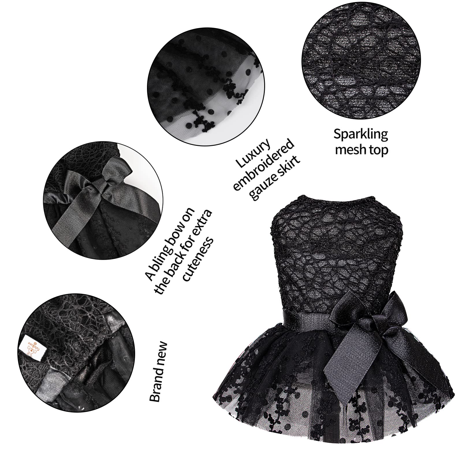 Cutebone Luxury Black Dog Dress Outfit Puppy Skirt Shining Embroiderd Tutu With Bowknot Pet Clothes Girl For Wedding Birthday Party Cat Apparel Dd15S