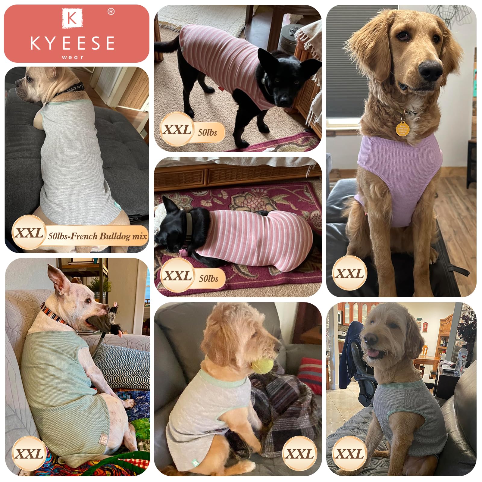 Kyeese 2Pack Dog Shirts Waffle Stretchy Dog T-Shirts Lightweight Tank Top Sleeveless Vest Breathable, Xx-Large, Pink+Grey