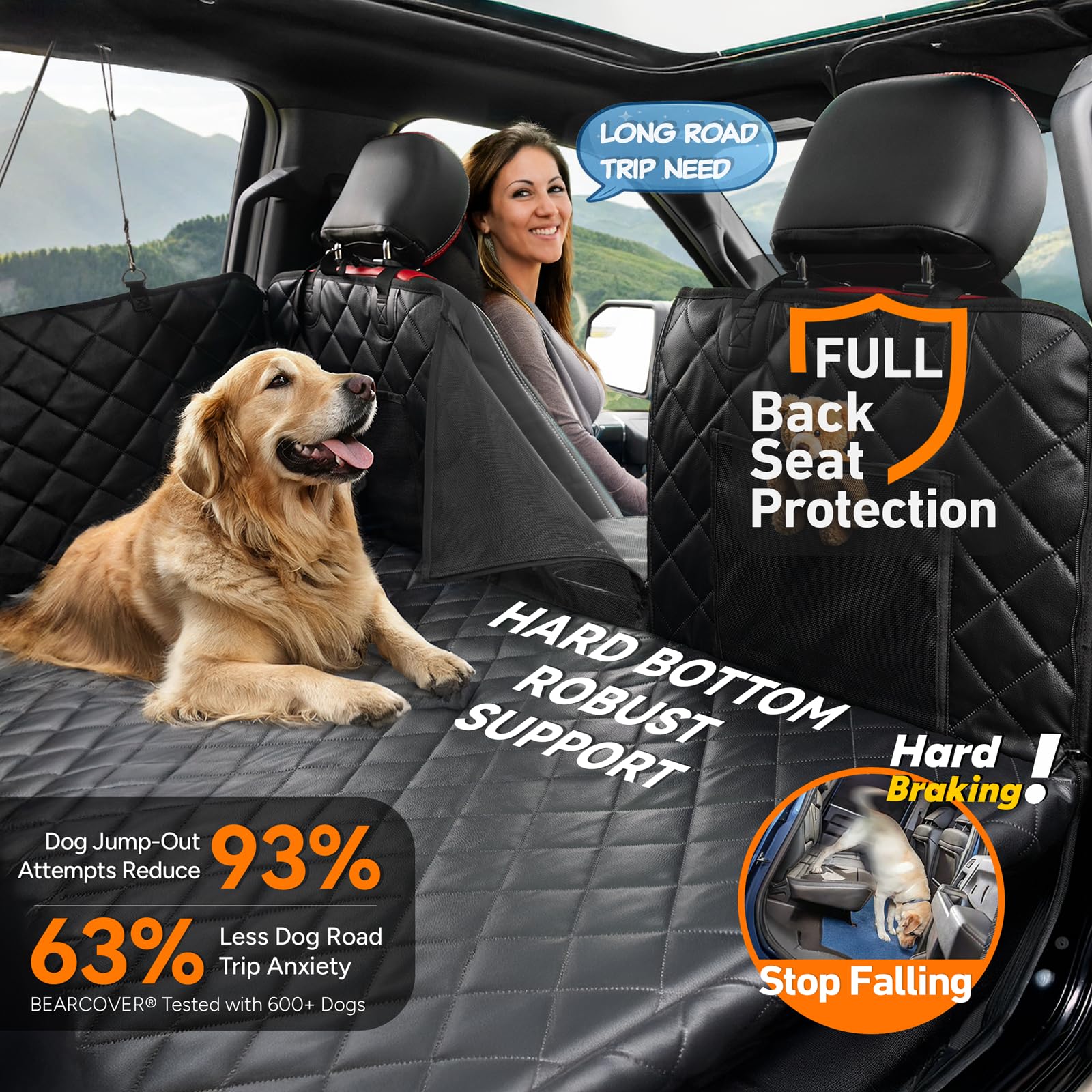 Bearcover Back Seat Extender For Dogs, Waterproof Pet Car Seat Cover, Xl Leather + Plush Rear Seat Protector With Hard Bottom, N
