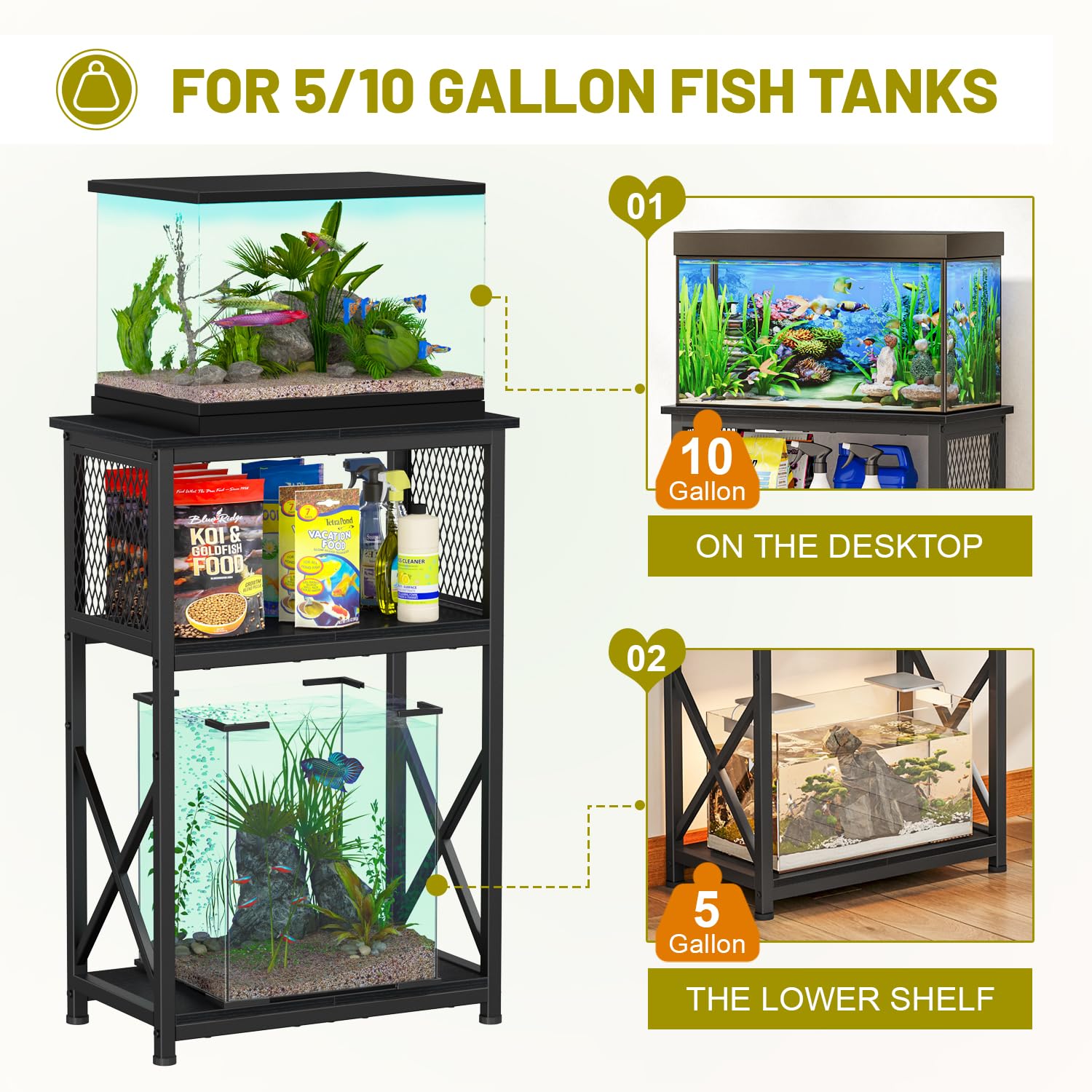 Snughome 10 Gallon Aquarium Stand with Storage, 3 Tier Heavy Metal Fish Tank Stand Shelf 20.47 x 11.42 x 30.91, Black