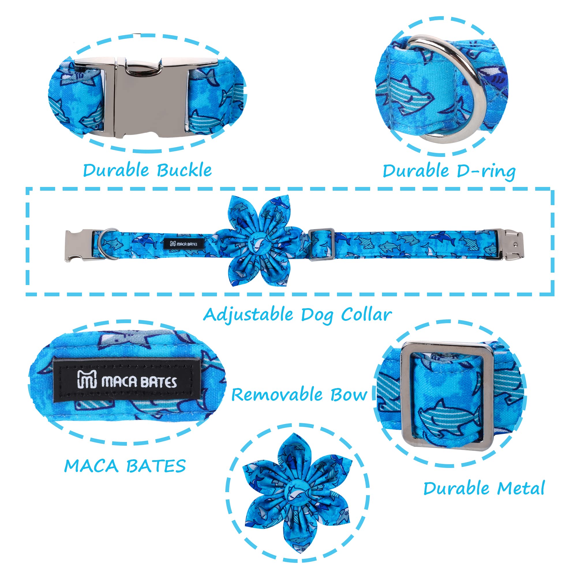 Maca Bates Flower Shark Dog Collar With Flowers For Dogs Blue Adjustable Breakaway Cute Collars Accessories Gift For Small Mediu
