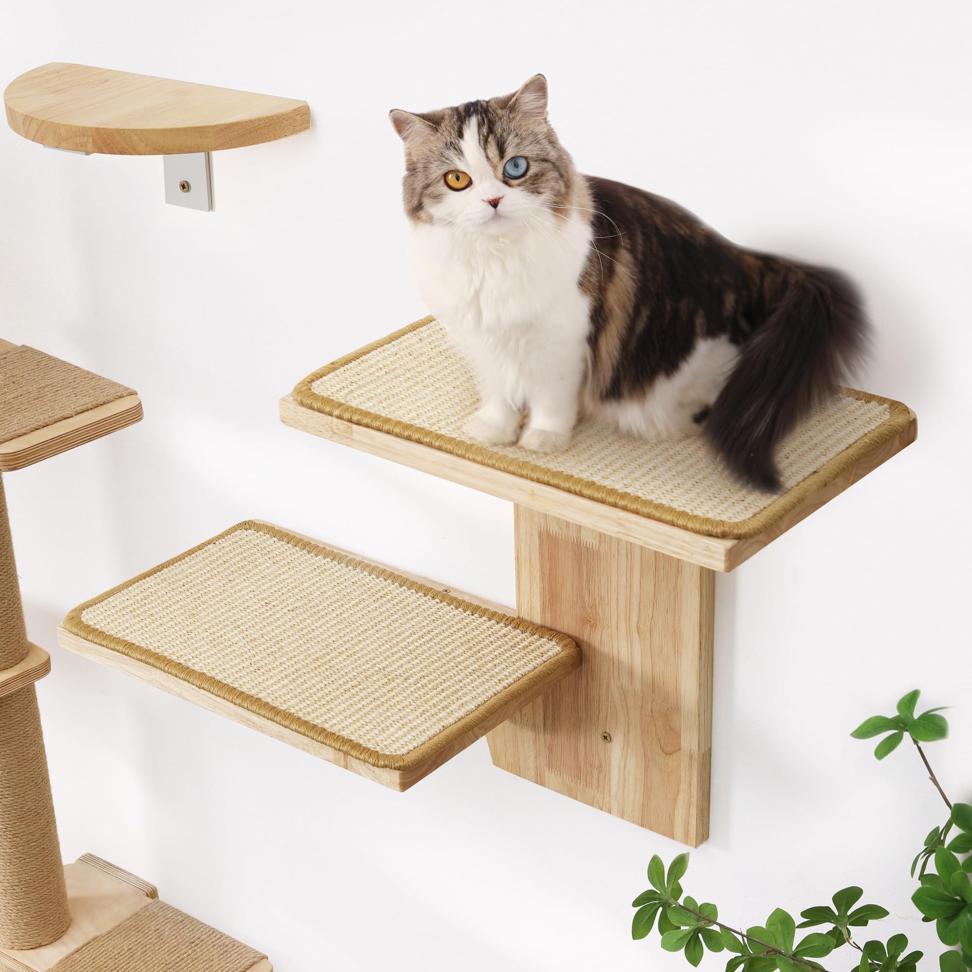 Fukumaru Cat Wall Shelves, 2 Platform Kitten Wall Furniture, Tree Shape Wall-Mounted Floating Shelf With Sisal Mat, Solid Rubber