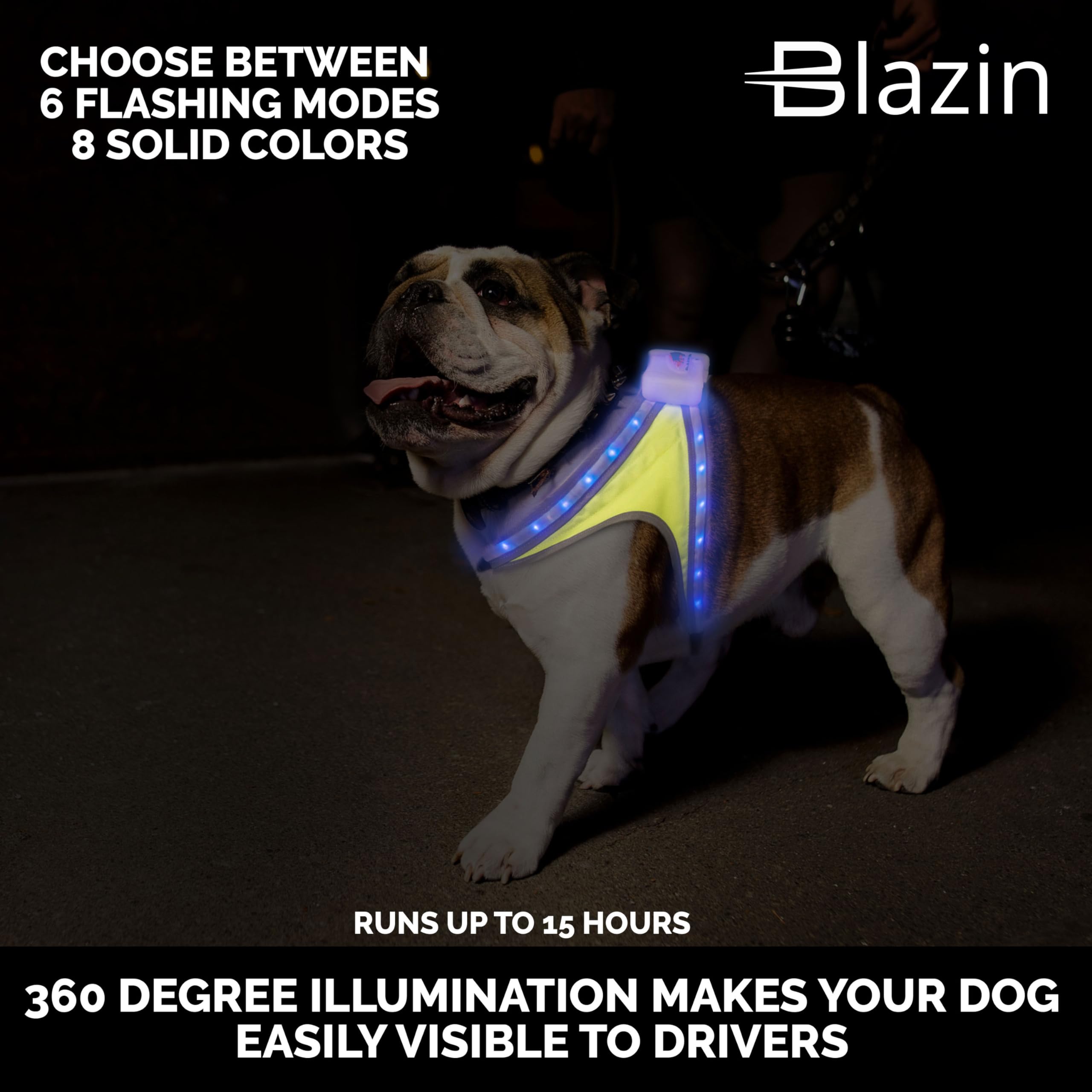 Blazin Safety Light Up Dog Harness - See Your Dog From 1000 Feet Away - Usb Rechargeable, Waterproof, Lightweight, Adjustable - 8 Led Colors And 6 Flashing Modes - Up To 15 Hour Runtime (Large)