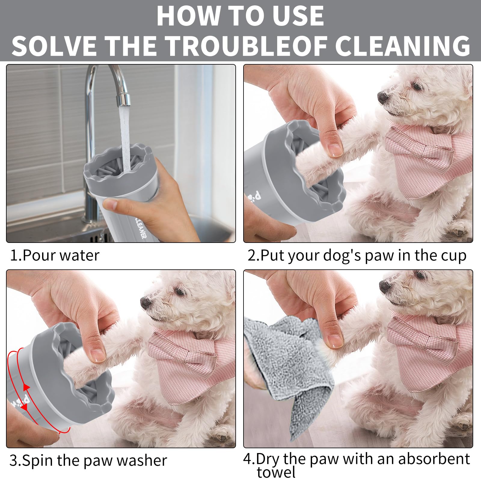 Comotech Portable Pet Paw Washer And Foot Cleaner With Silicone Brush, 3 Absorbent Towels For Small Dogs (Grey)
