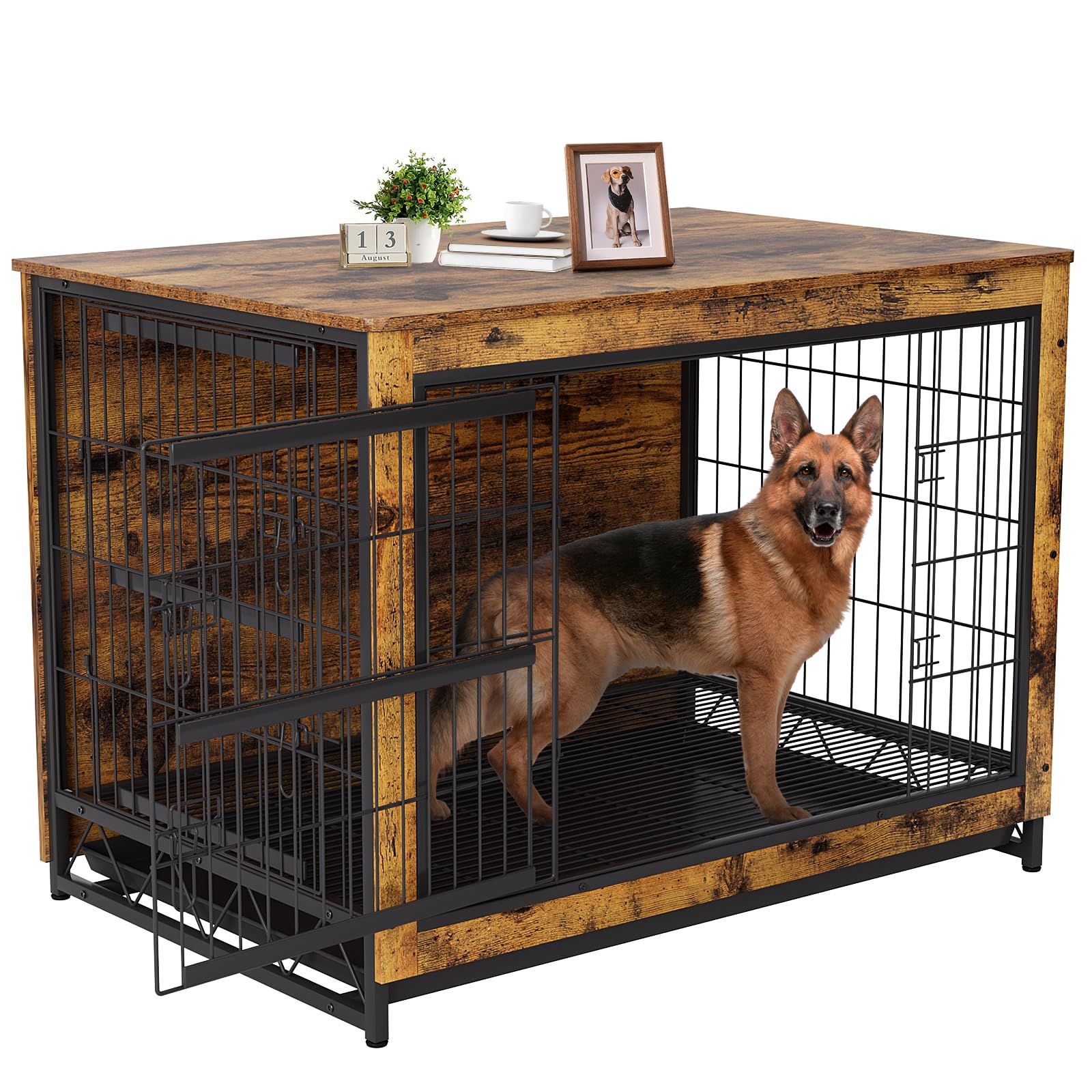 TLSUNNY Dog Crate Furniture, 44.1 Wooden Dog Kennel Indoor with 2 Doors, Heavy-Duty Dog Cage with Removable Tray, End Side Table