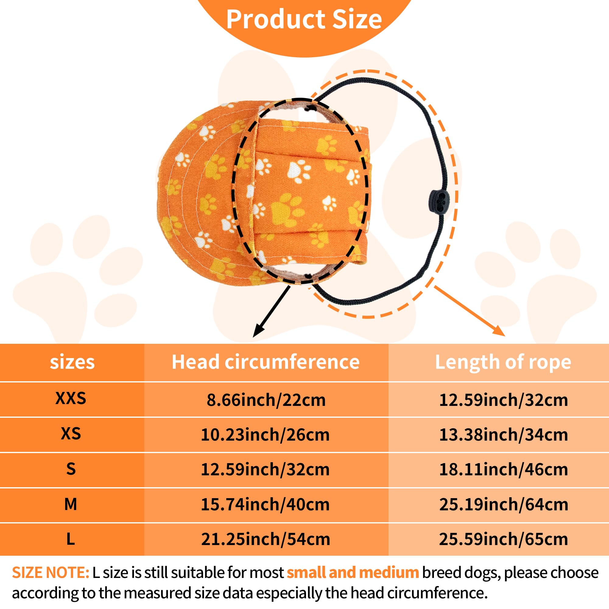 Pet Show Dog Paw Print Peaked Cap - Dog, Cat & Rabbit Sun Hat With Ear Holes - Adjustable Drawstring - Orange/Xxs