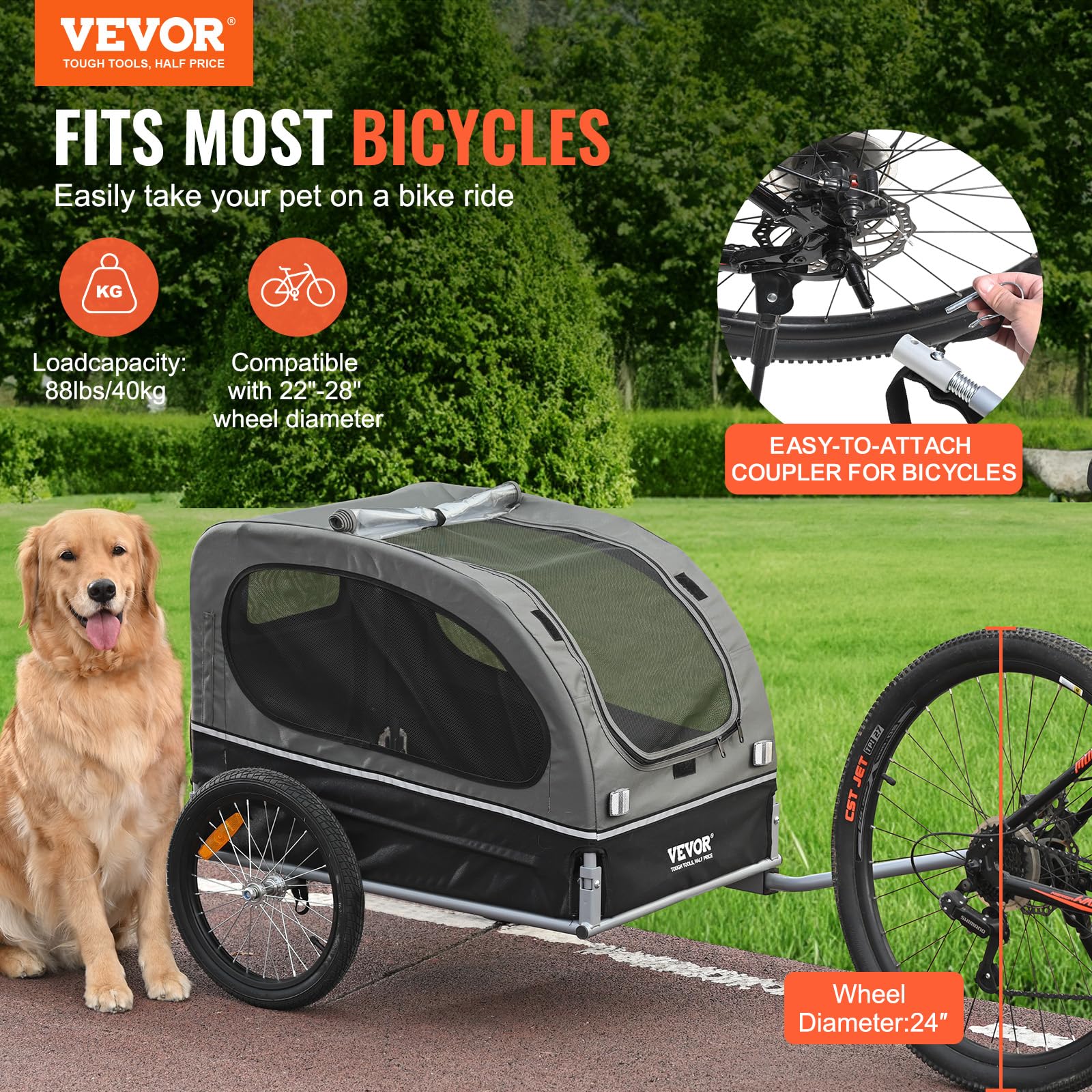 Vevor Dog Bike Trailer, Supports Up To 88 Lbs, Pet Cart Bicycle Carrier, Easy Folding Frame With Quick Release Wheels, Universal Bicycle Coupler, Reflectors, Flag, Collapsible To Store, Black/Gray