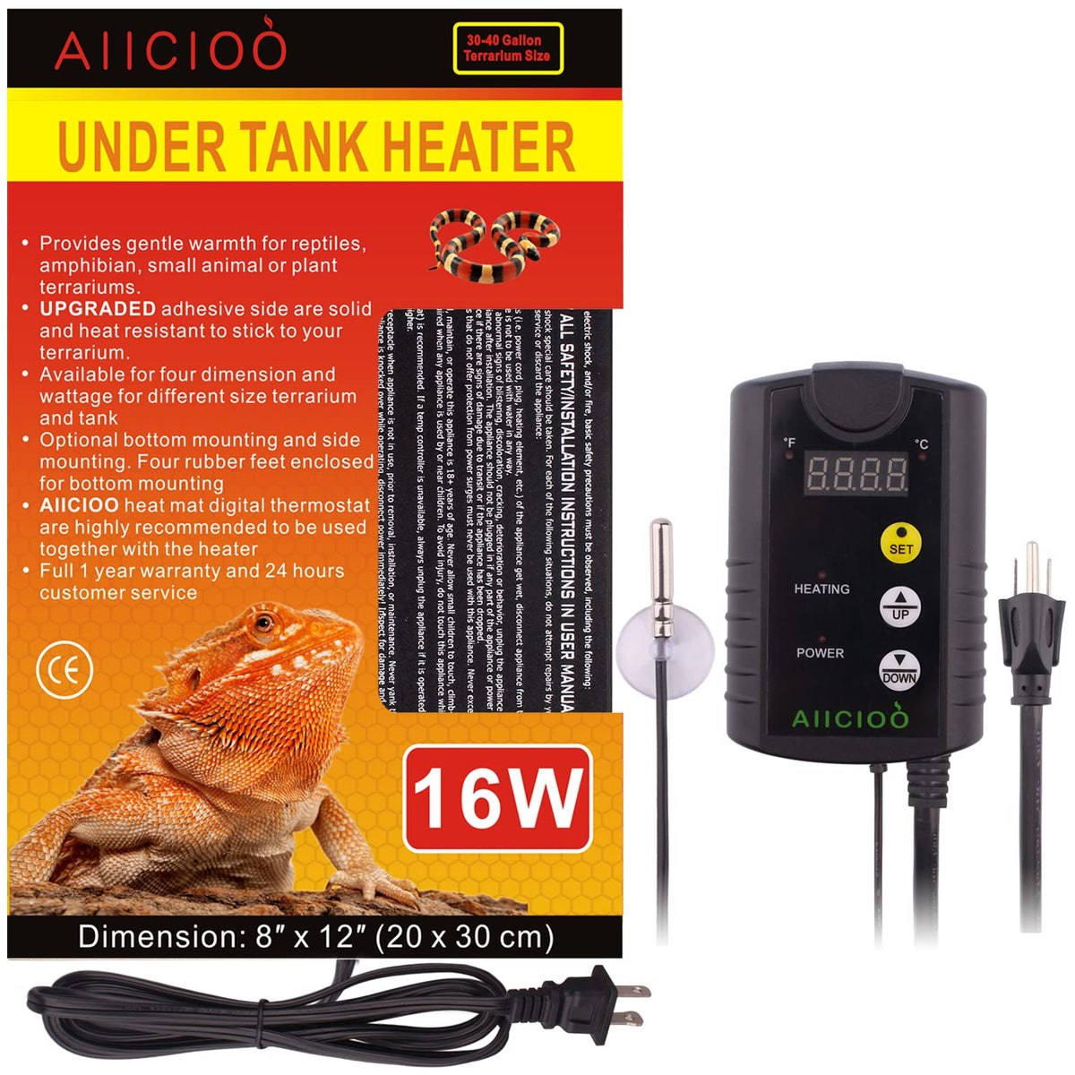 Aiicioo Under Tank Heater Thermostat - Reptile Heating Pad With Temperature Control Reptile Heat Mat For Combo Set For Hermit Cr