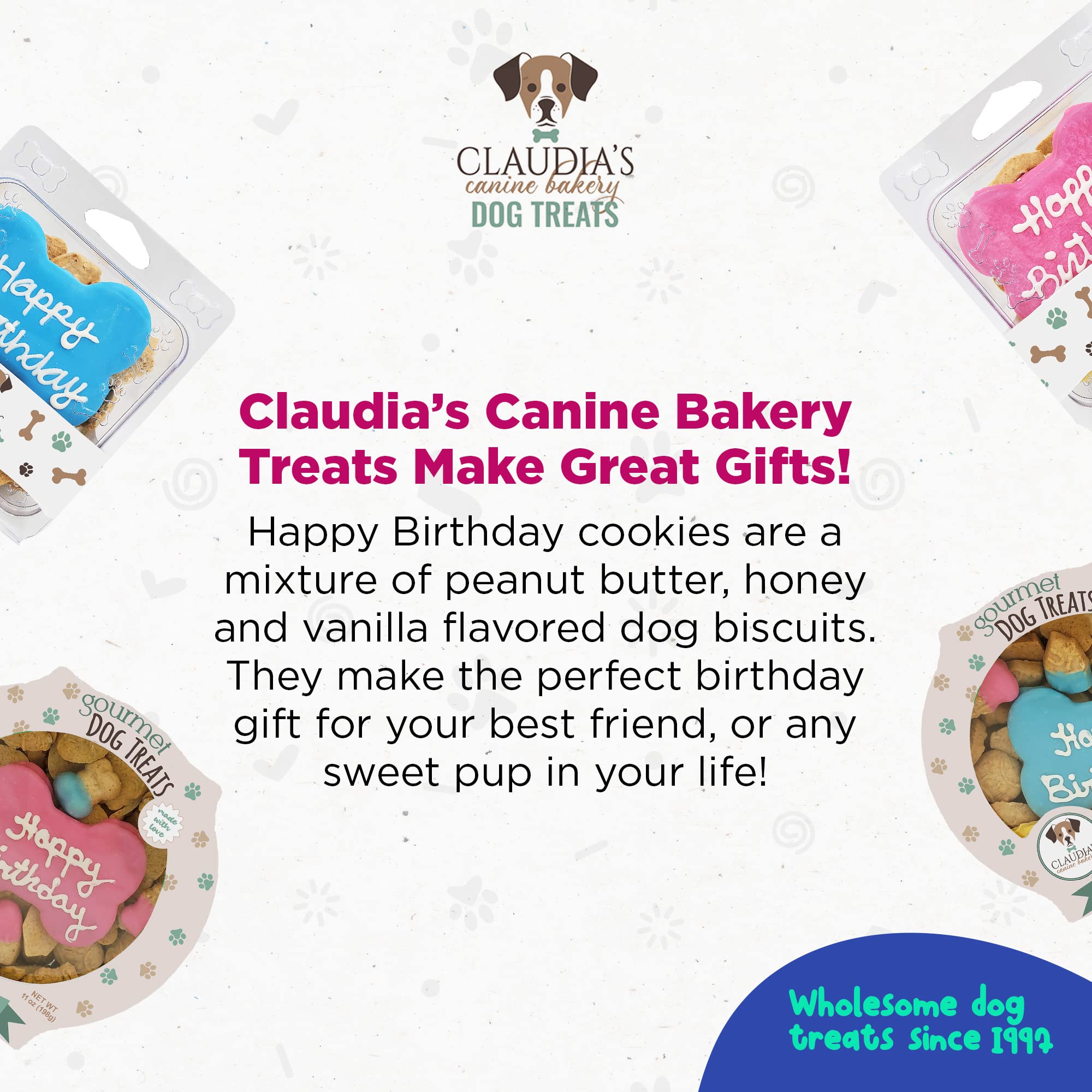Claudias Canine Bakery - Peanut Butter Happy Birthday Cookies, Pink, 10oz