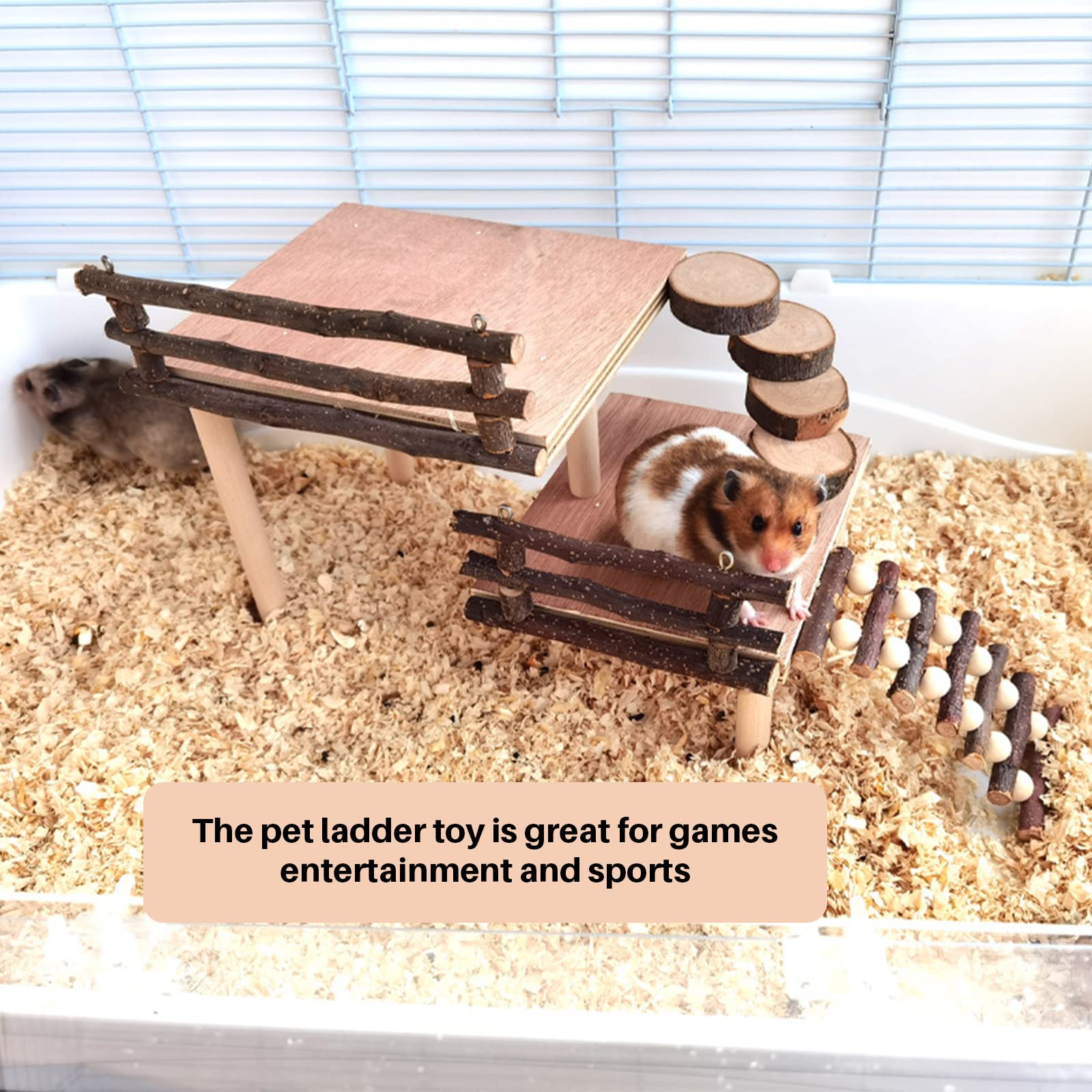 Hamster Climbing Toys Wooden Two-Tier Hamster Playground Activity Platform With Bridge Apple Wood Chewing Toys For Small Pets (L