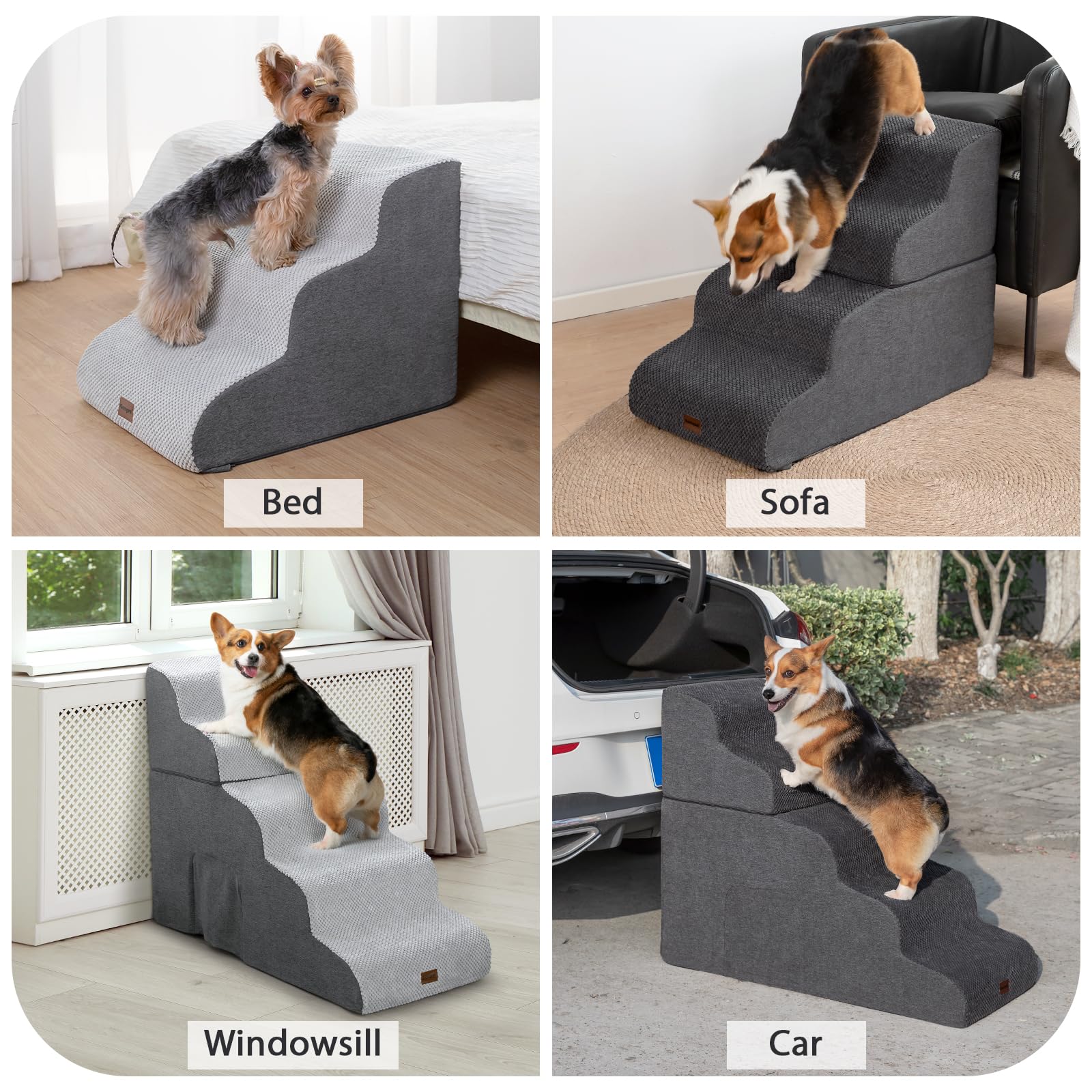 Garnpet Dog Stairs For Couch Sofa And Chair, 3-Step Dog Steps For Small Dogs And Cats, Non-Slip Indoor Pet Step, Dark Grey
