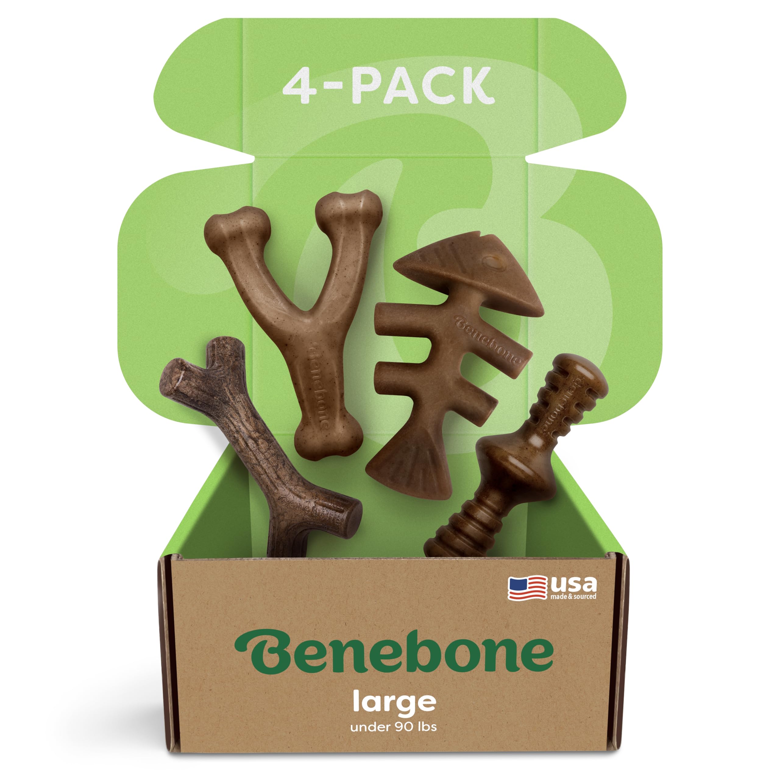 Benebone Large 4-Pack Dog Chew Toys For Aggressive Chewers, Made In Usa, 90Lbs And Under