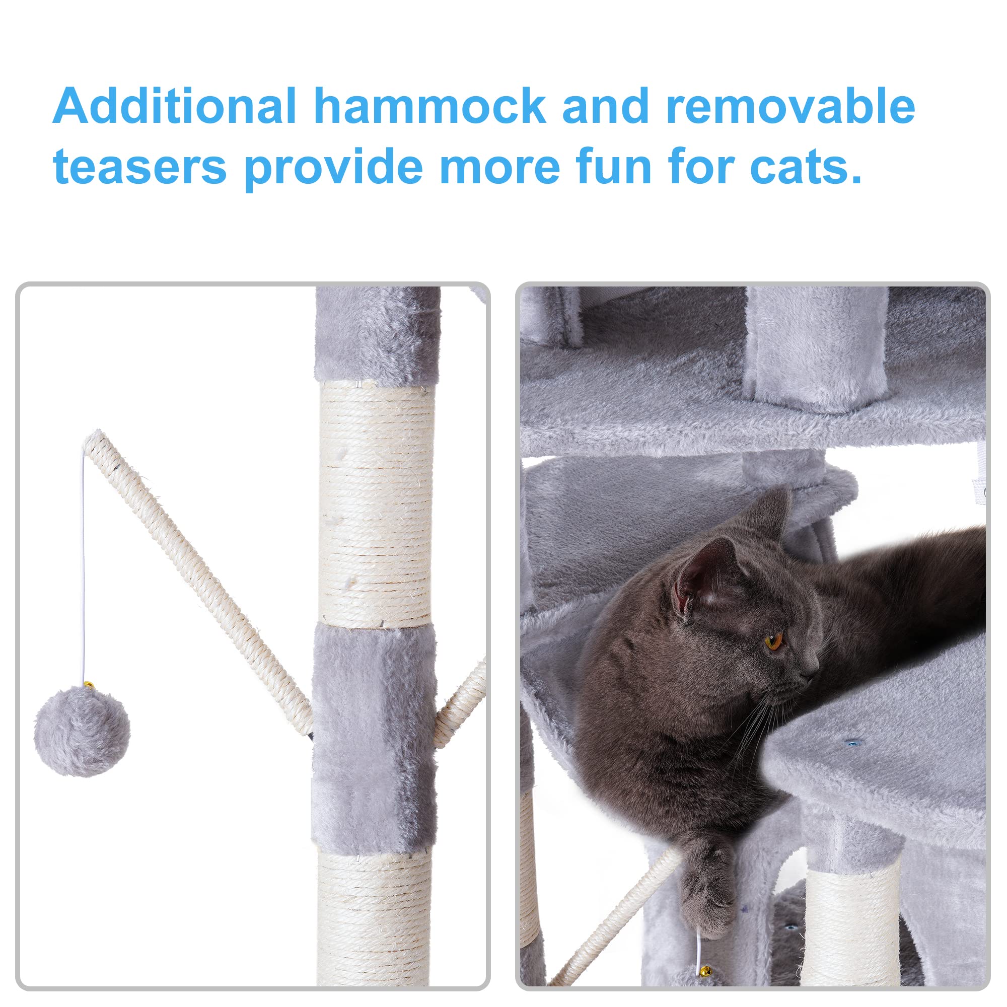 Hey-Brother Cat Tree, 71 Inches Xl Large Cat Tower For Indoor Cats, Multi-Level Cat House With 3 Padded Perches, Big Scratcher, Cozy Basket, 2 Cat Condos And Scratching Posts, Light Gray Mpj034W