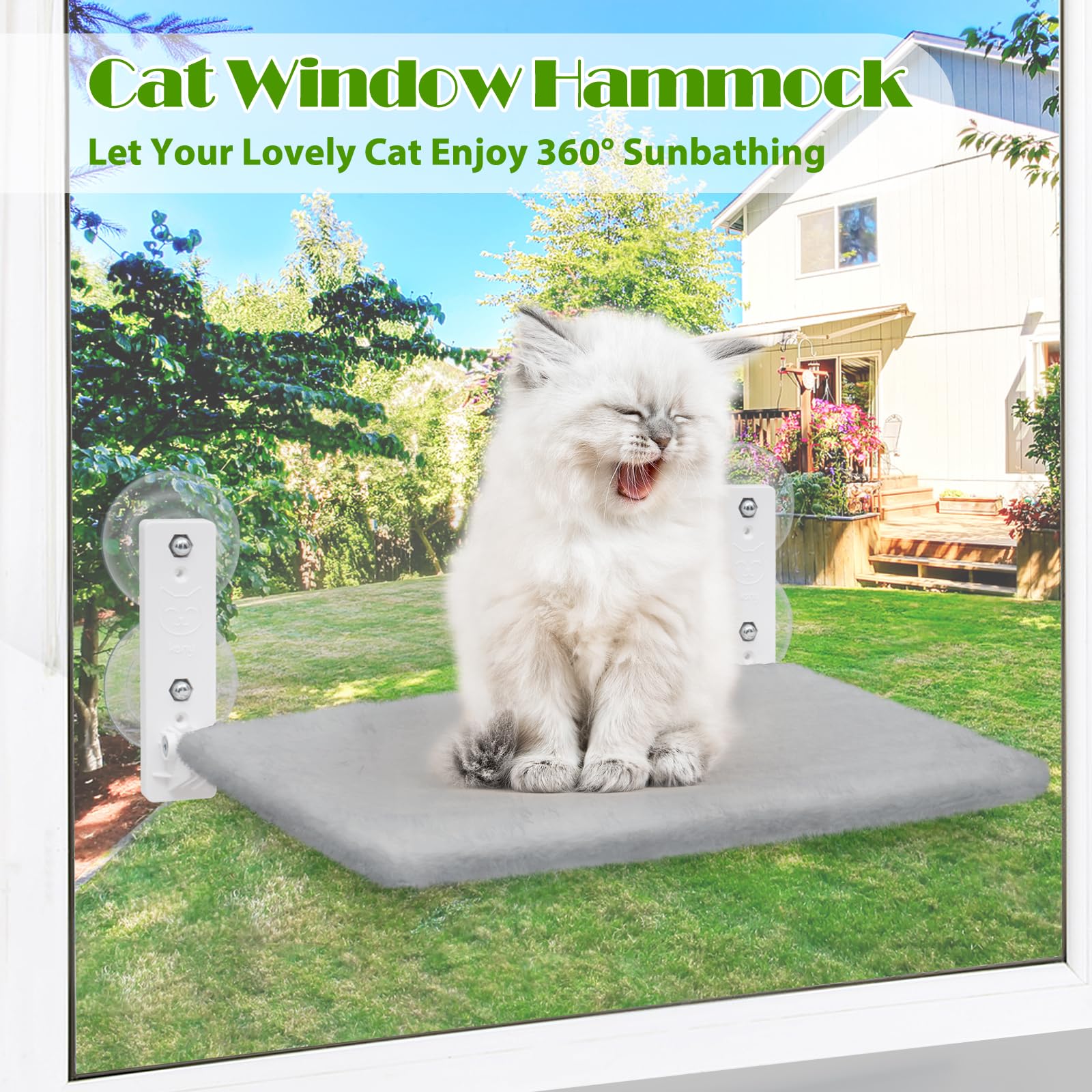 Keny Foldable Cat Window Perch With 4 Larger Suction Cups, Cordless Window Bed With Reversible Cover For Cats Inside, Grey