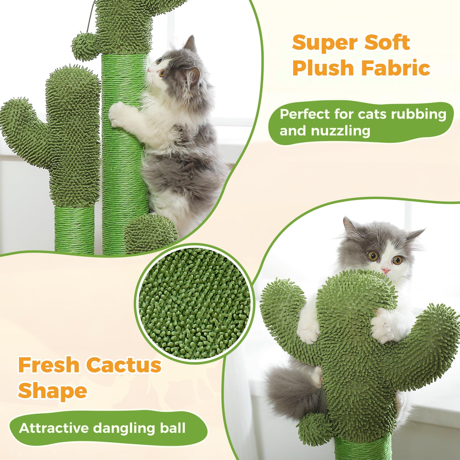 Pawz Road Cat Scratching Post Cactus Cat Scratcher Featuring With 3 Scratching Poles And Interactive Dangling Ball - 35 Inches
